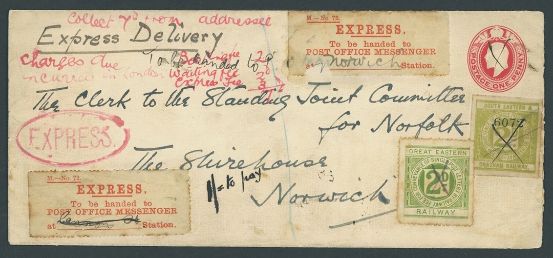 Great Britain Postal History Express Mail c.1912 long KEVII 1d. red