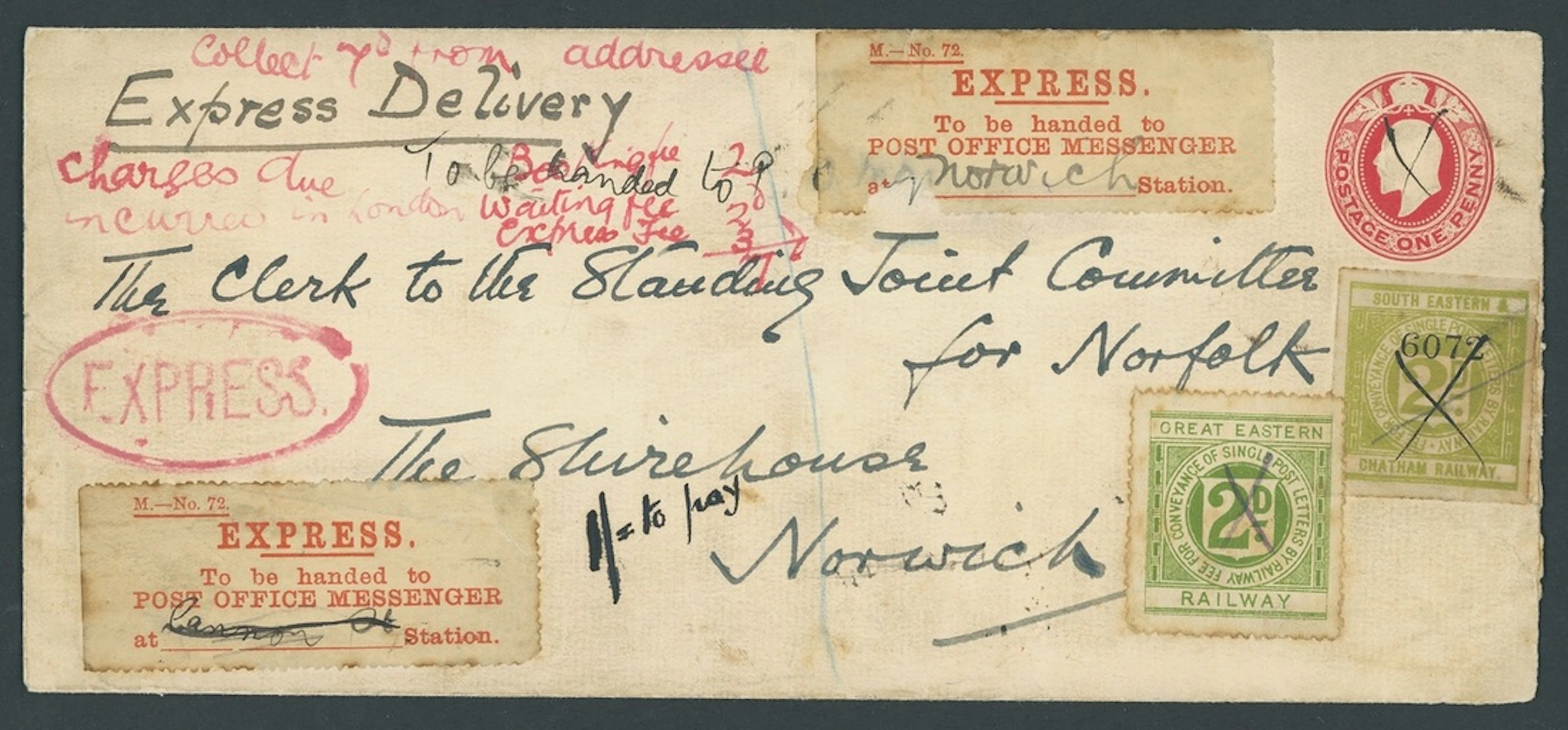 Great Britain Postal History Express Mail c.1912 long KEVII 1d. red