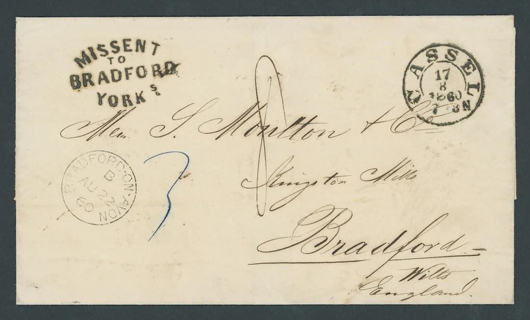 Great Britain Postal History 1860 (17 Aug.), stampless entire from Cassel