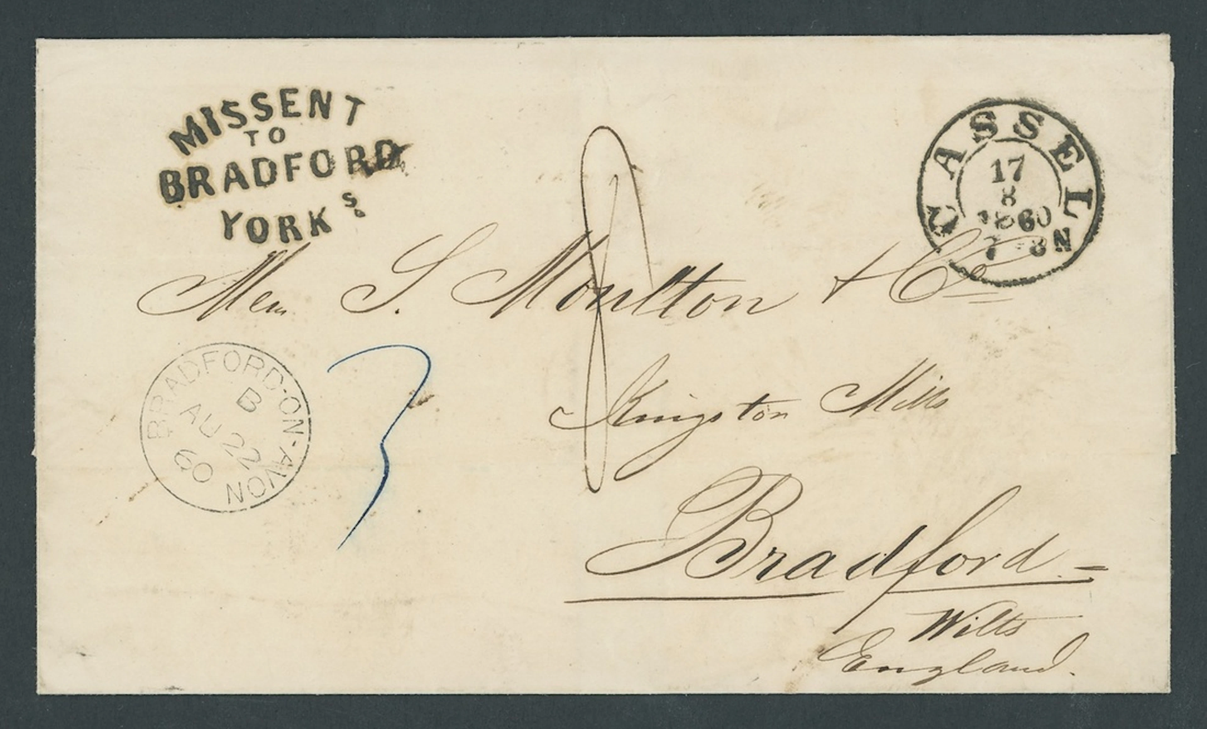 Great Britain Postal History 1860 (17 Aug.), stampless entire from Cassel