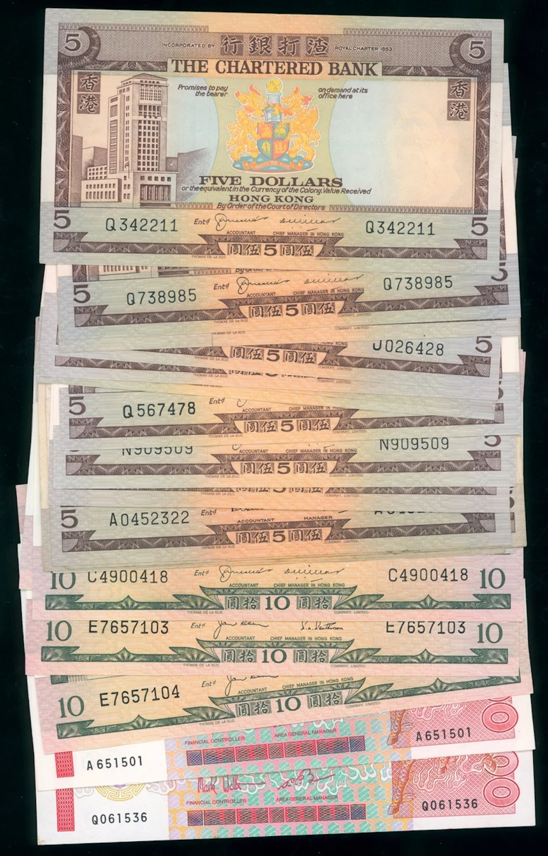 Chartered Bank, Hong Kong, a group of 22x, including $5 (15) and $10