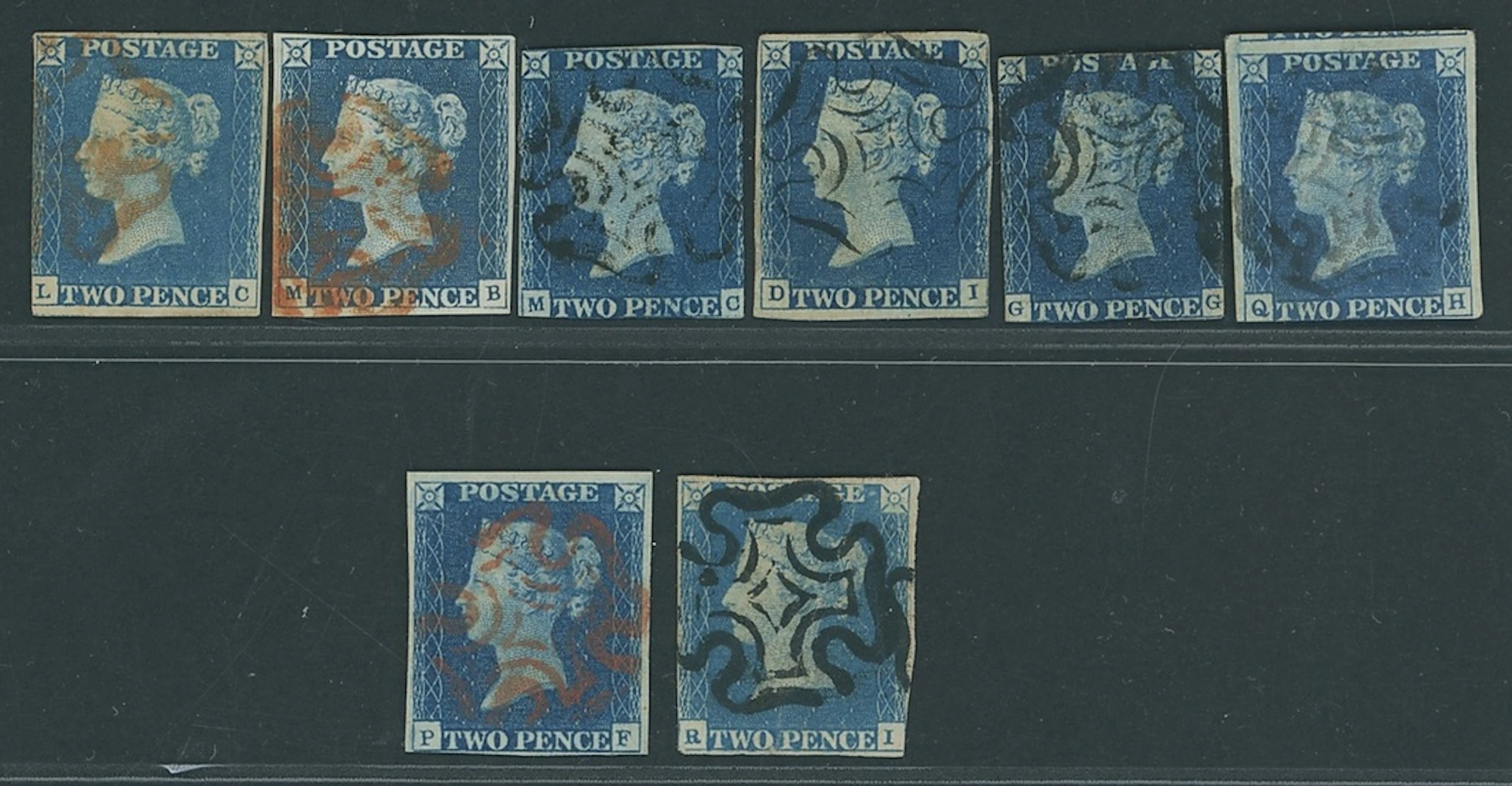 Great Britain 1840 Two Pence Blue Plate 1 NE-NH horizontal strip of