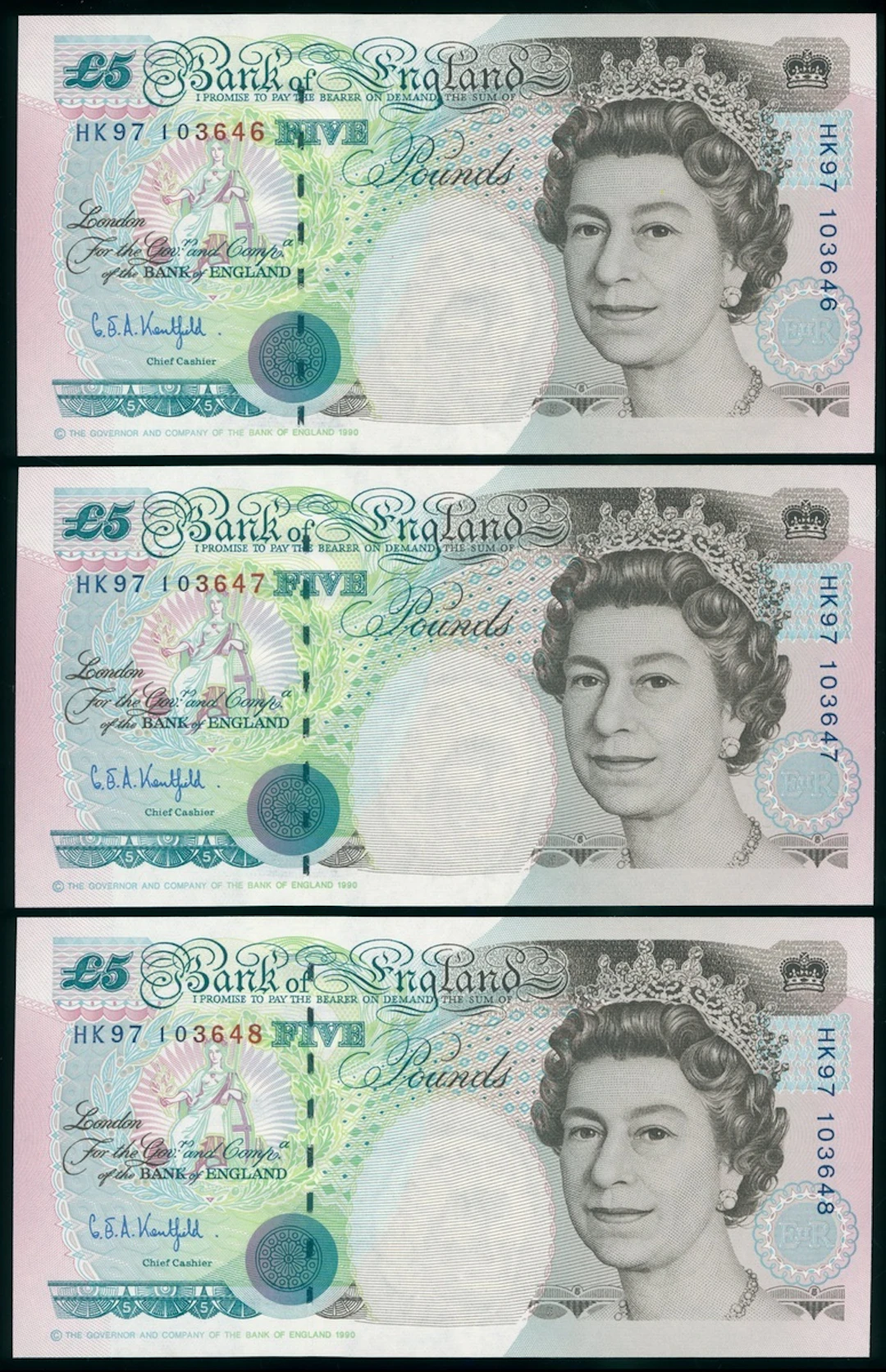 Bank of England, Great Britain, consecutive £5 (3), ND (1997), serial