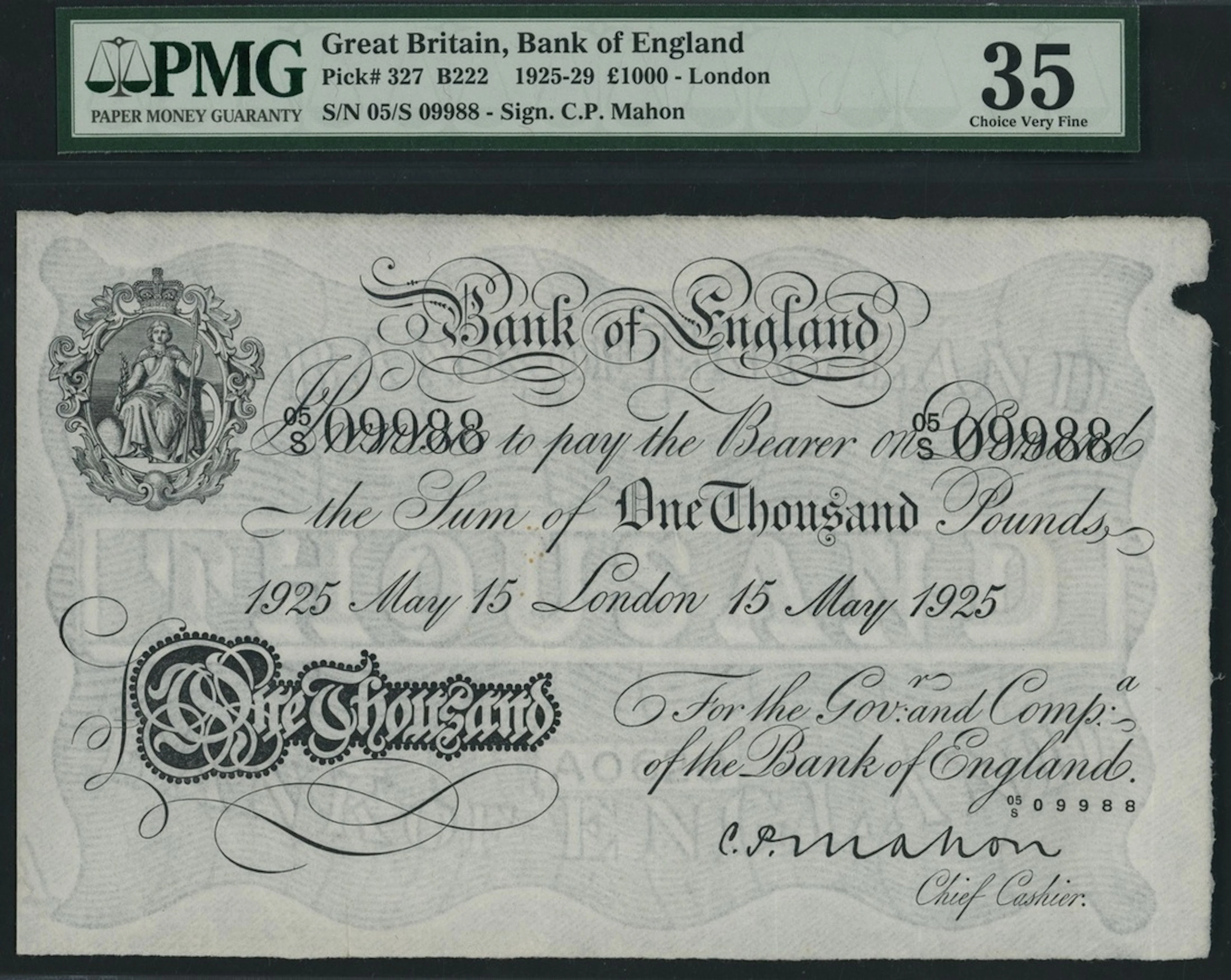 Bank of England, C. P. Mahon, £1000, London, 15th May 1925, serial