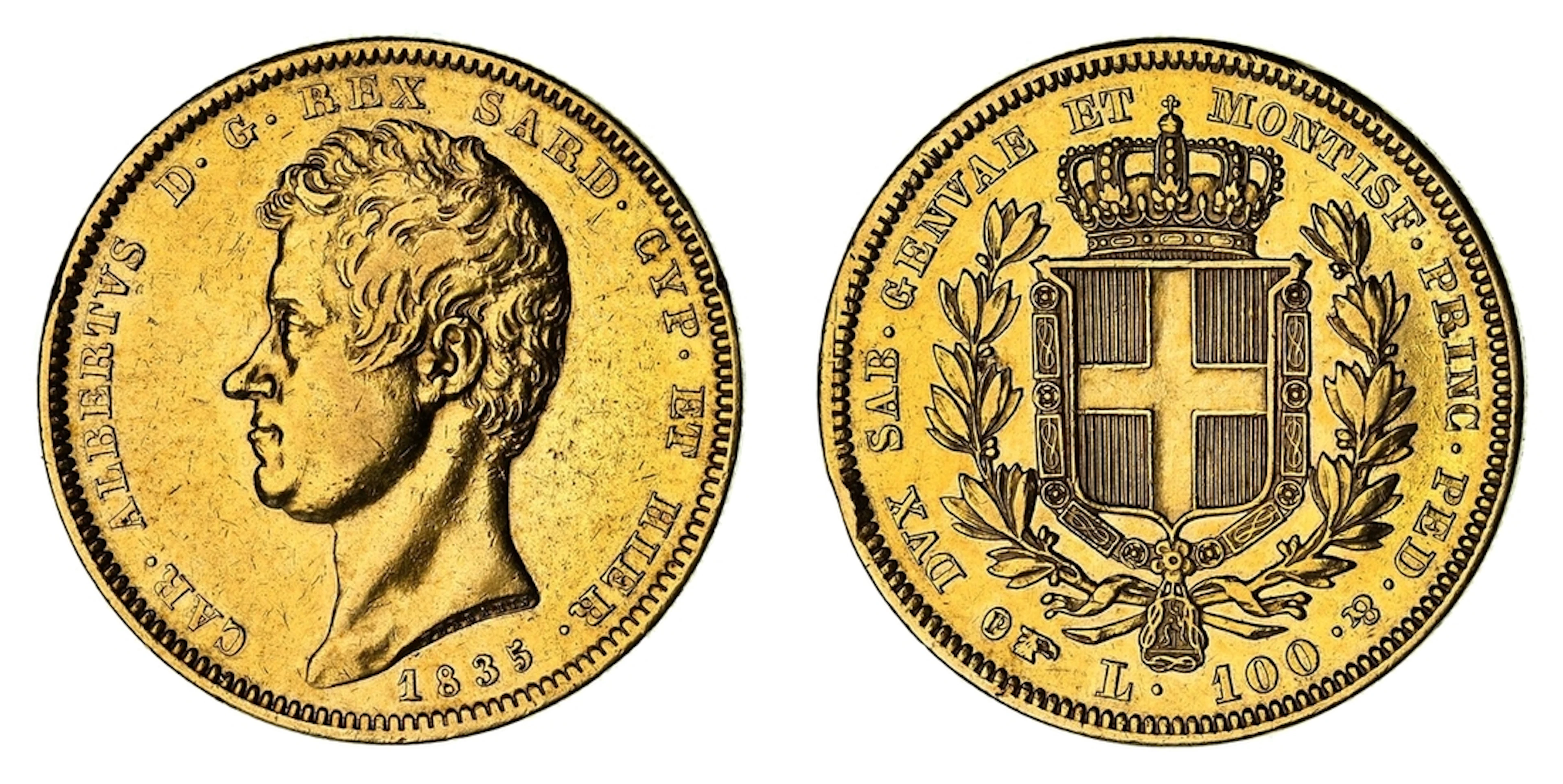 Italy, Sardinia, Carlo Alberto (1831-1849), Gold 100-Lire, 1835 P