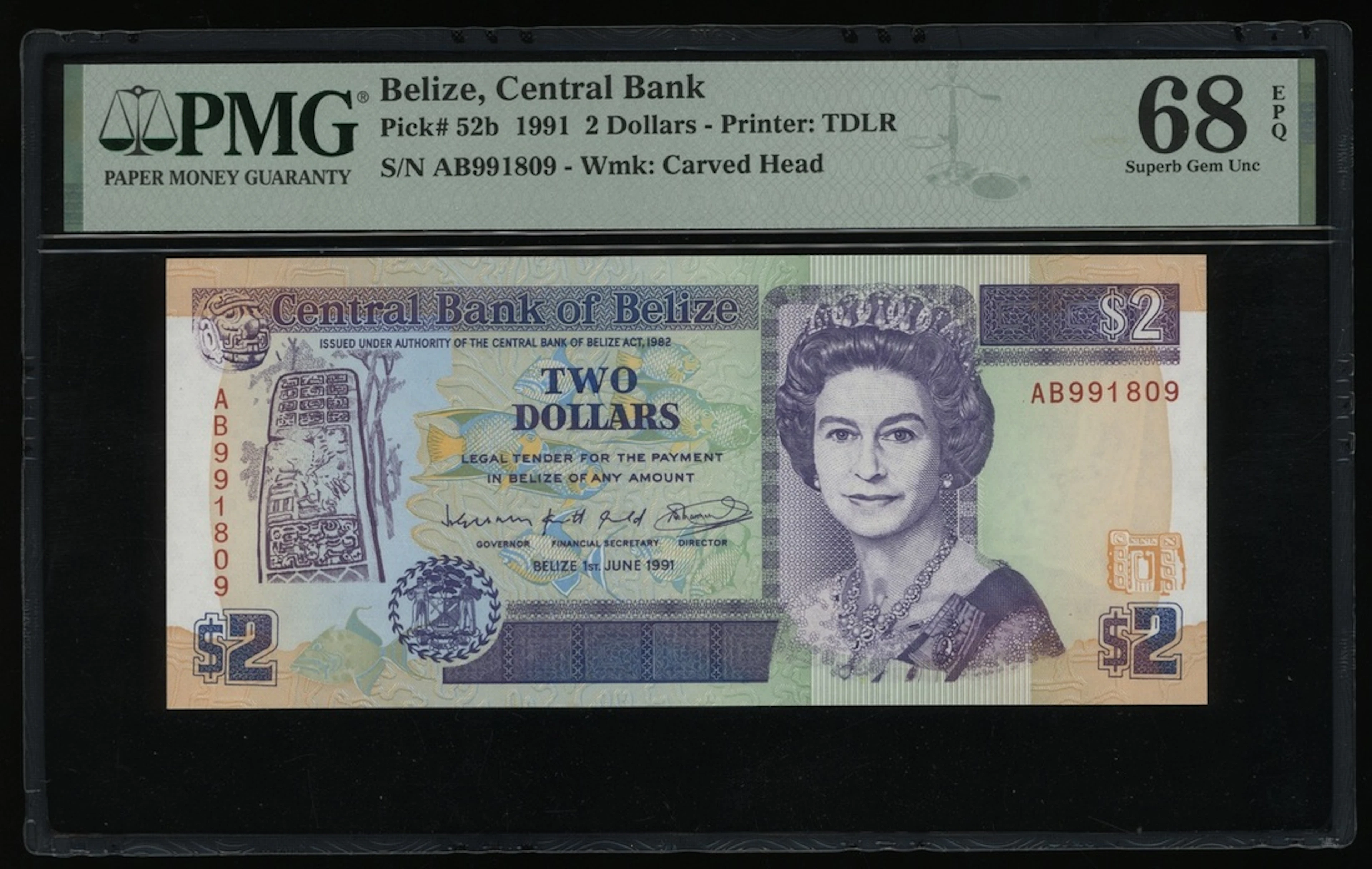 Central Bank of Belize, $2, 1991, serial number AB991809, (Pick 52b)