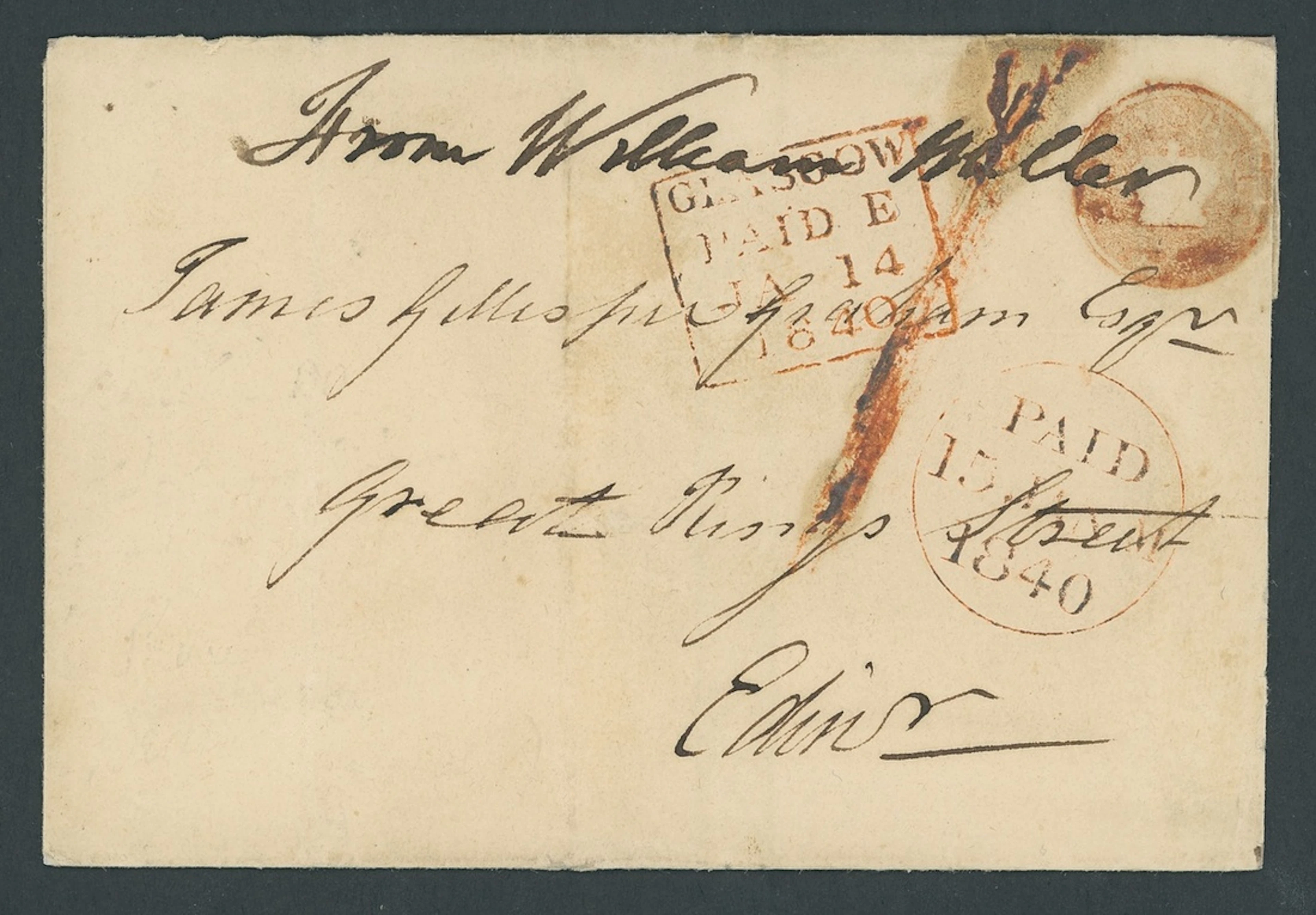 Great Britain Postal History 1840 (Jan. 14), entire to Edinburgh with