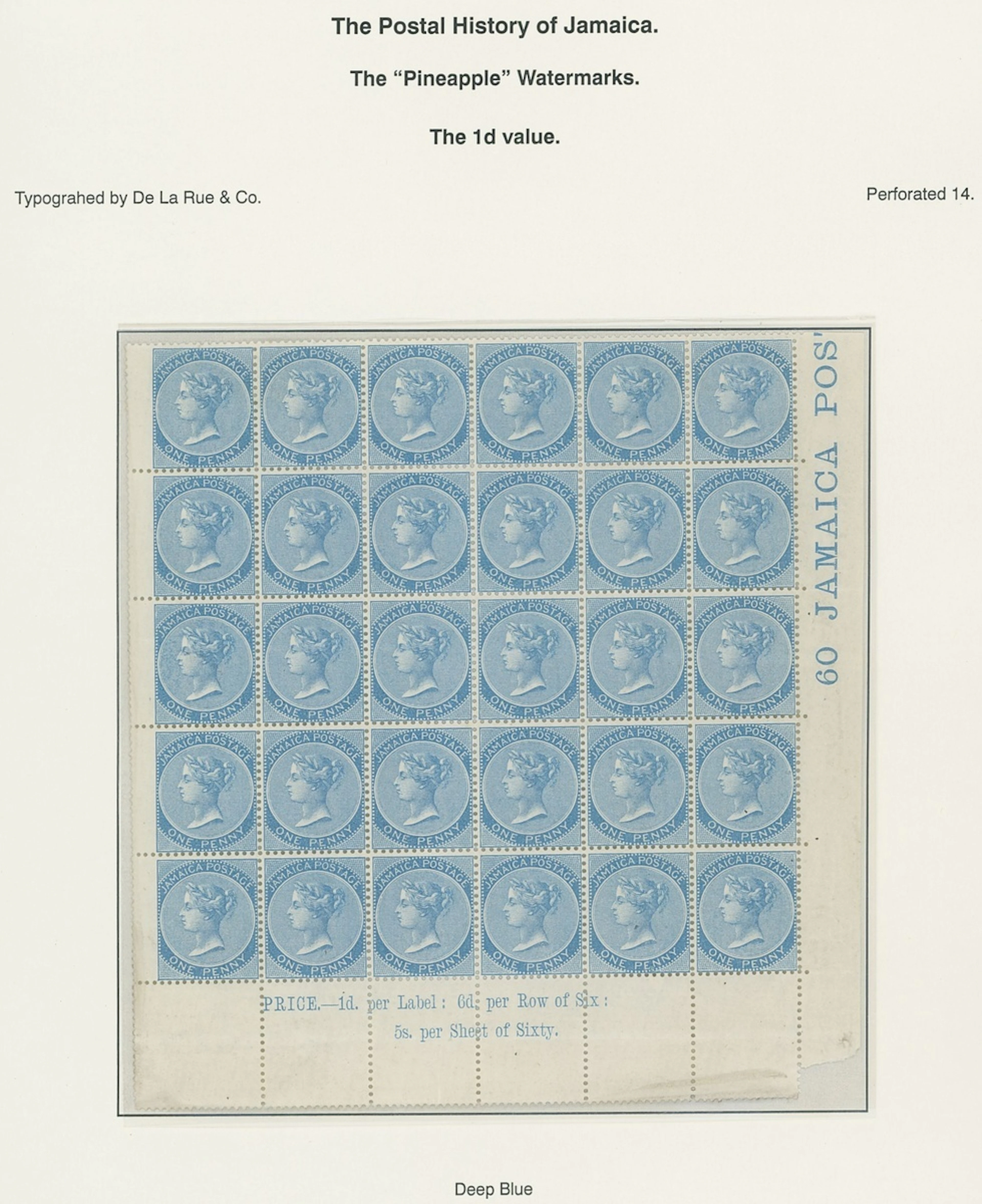 Jamaica 1860-70 Watermark Pineapple Issued Stamps 1d. deep blue lower