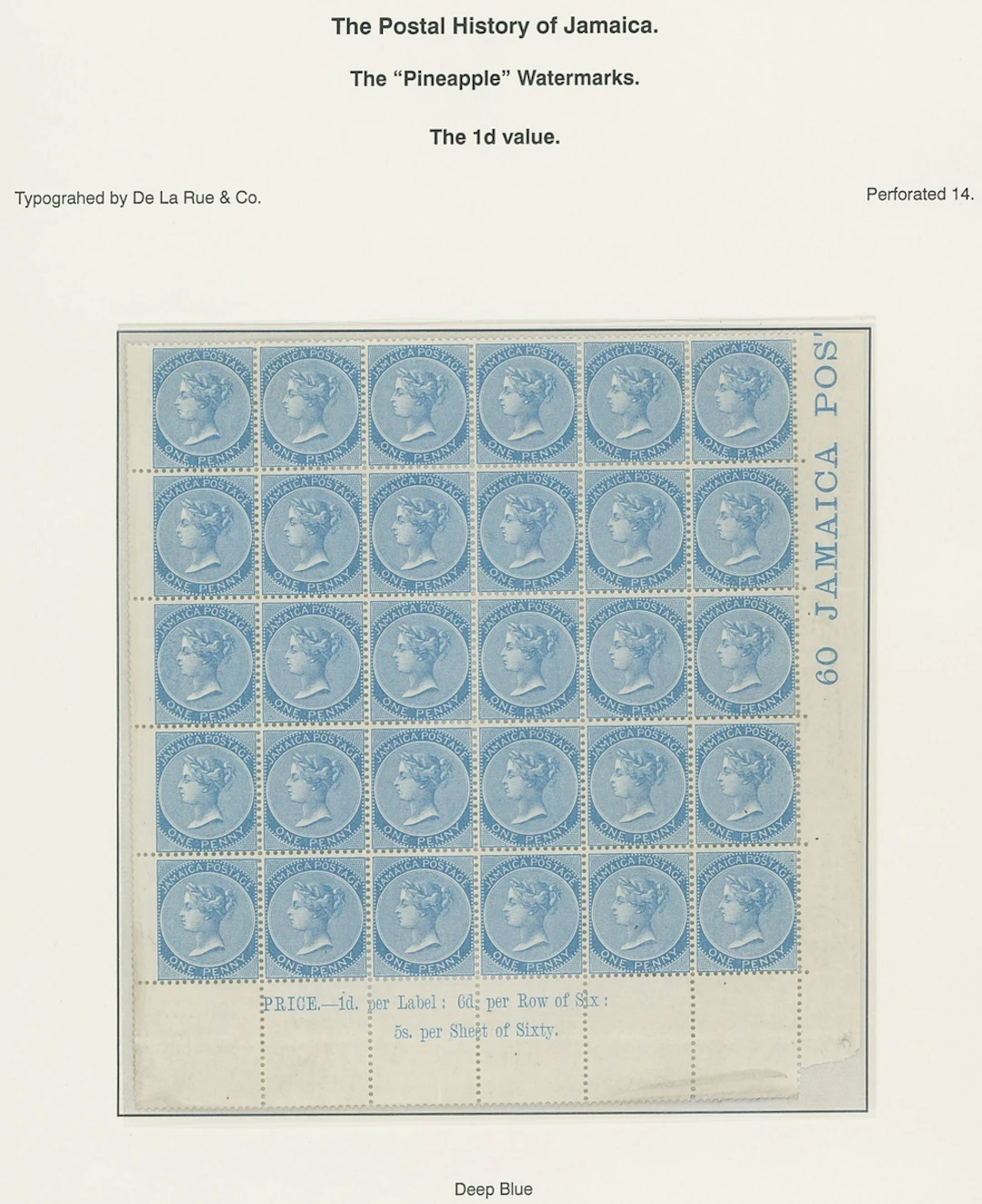 Jamaica 1860-70 Watermark Pineapple Issued Stamps 1d. deep blue lower
