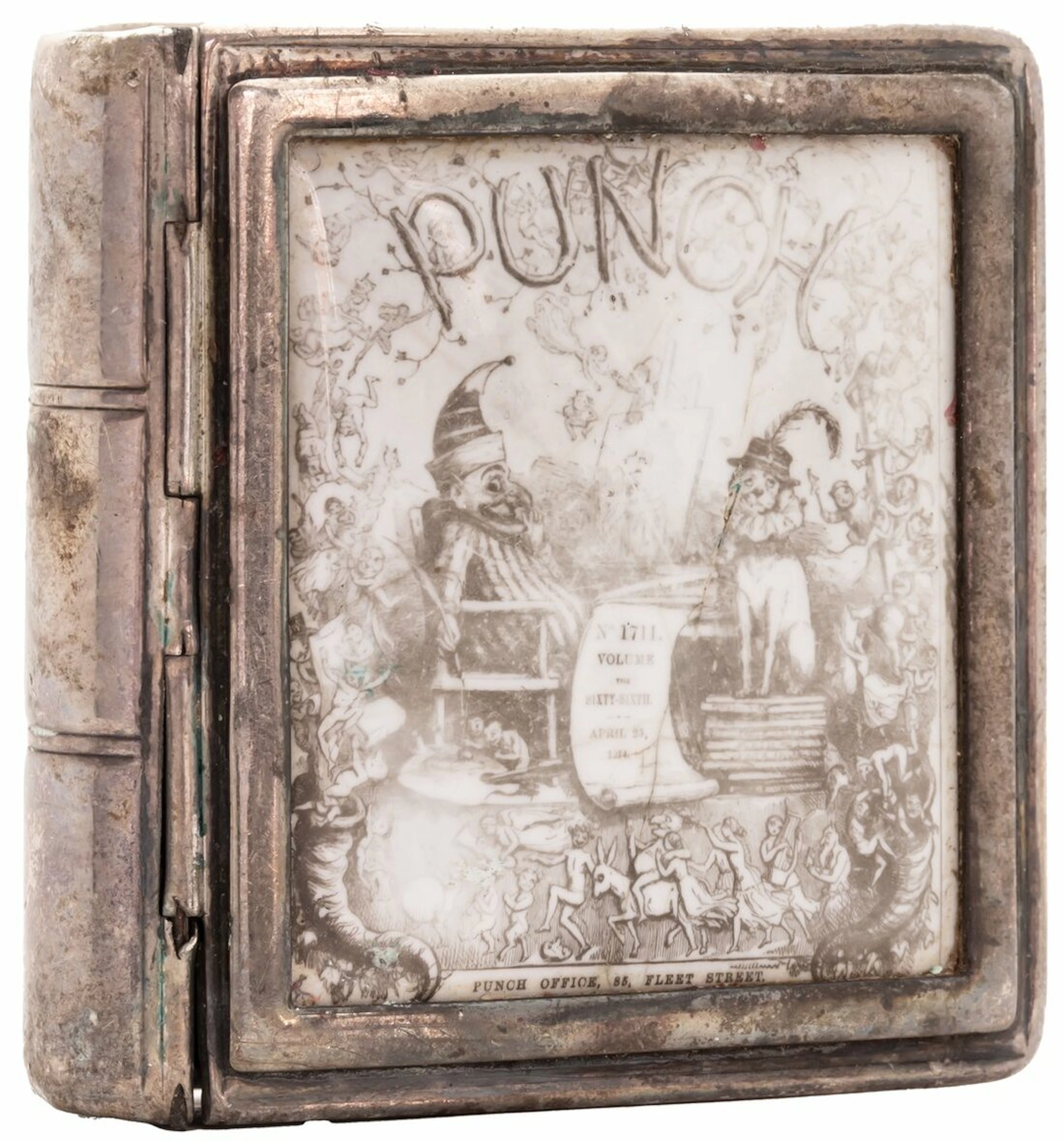 HENRY WILLIAM DEE, A VICTORIAN 'PUNCH' MAGAZINE SILVER AND ENAMEL VESTA CASE