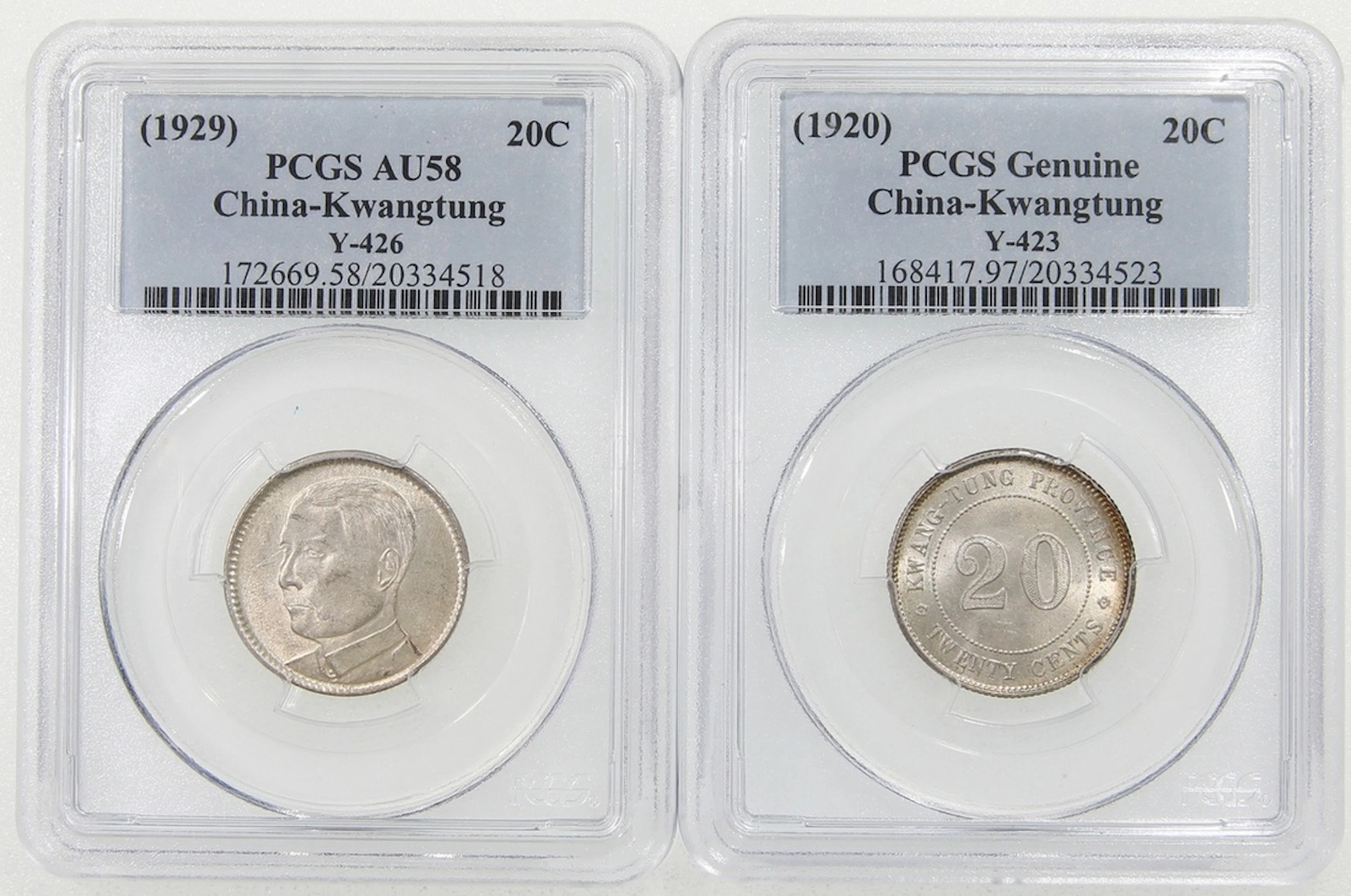 Kwangtung Province, a pair of silver 20 cents, Year 9(1920) and Year