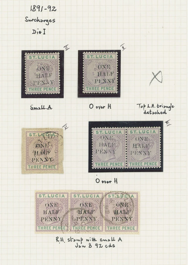 St. Lucia 1891-92 Surcharges, a mint and used range including Die