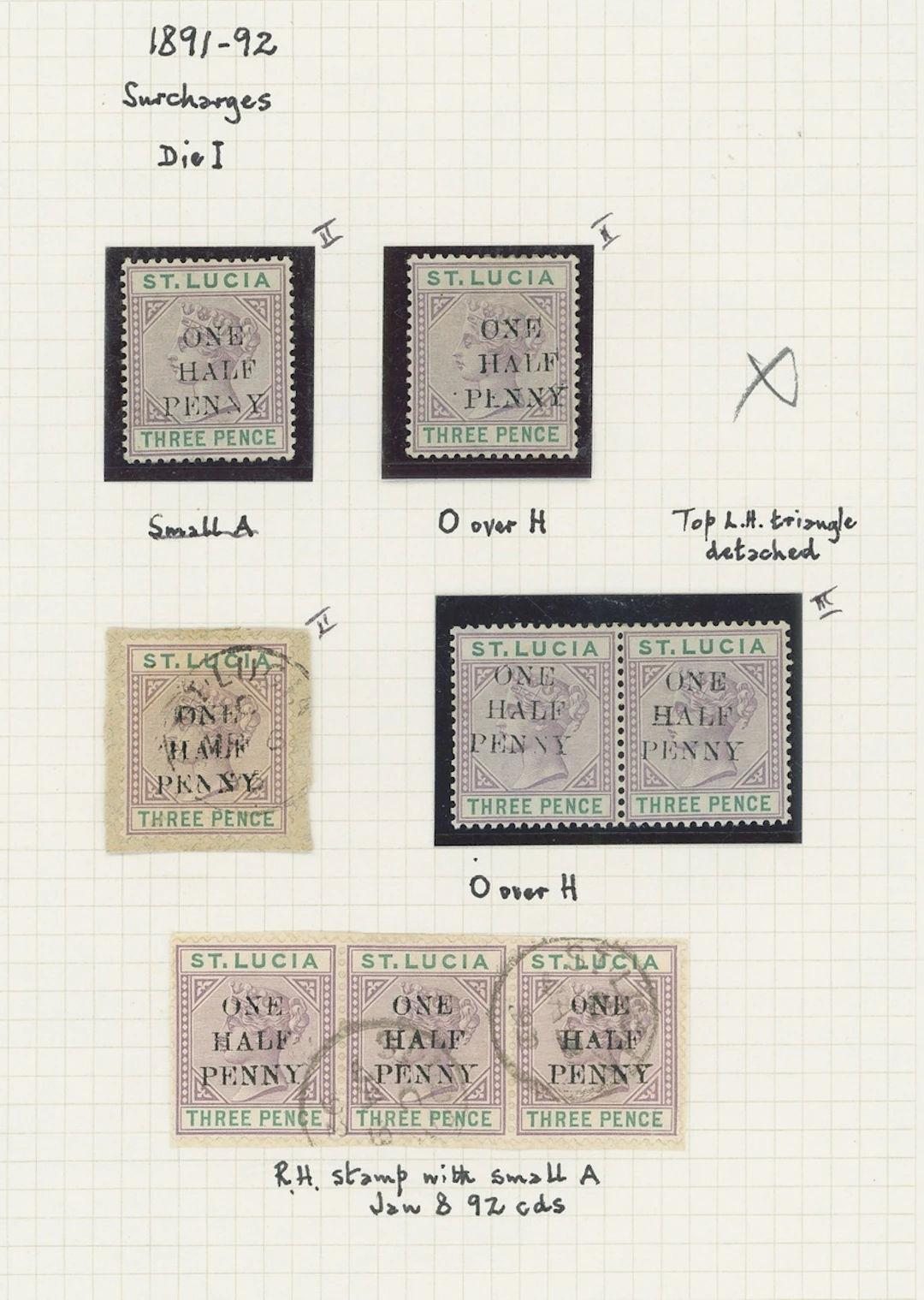 St. Lucia 1891-92 Surcharges, a mint and used range including Die