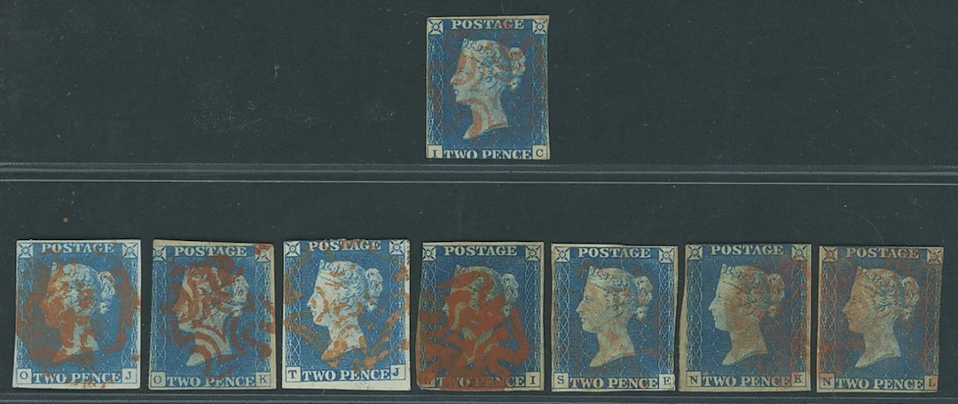 Great Britain 1840 Two Pence Blue Plate 1 IC, LI, NK, NL, OJ, OK
