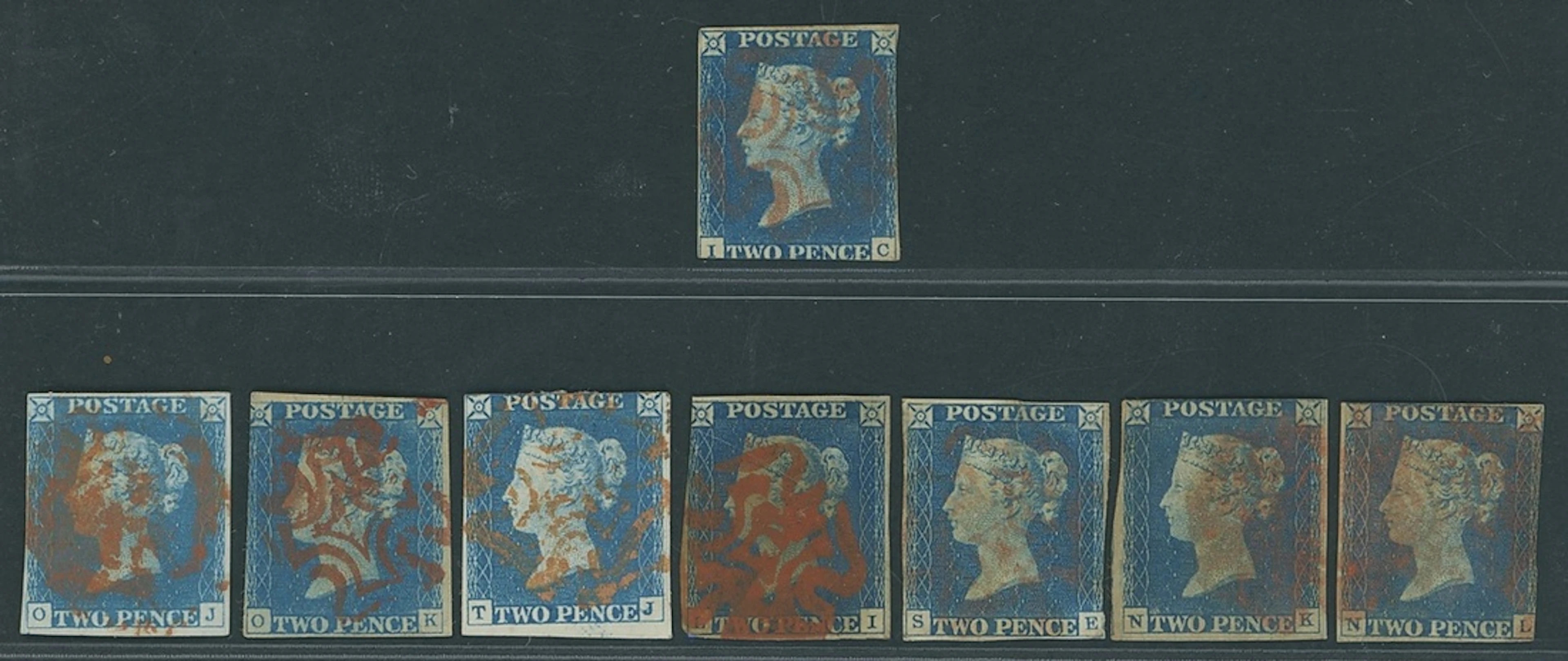 Great Britain 1840 Two Pence Blue Plate 1 IC, LI, NK, NL, OJ, OK