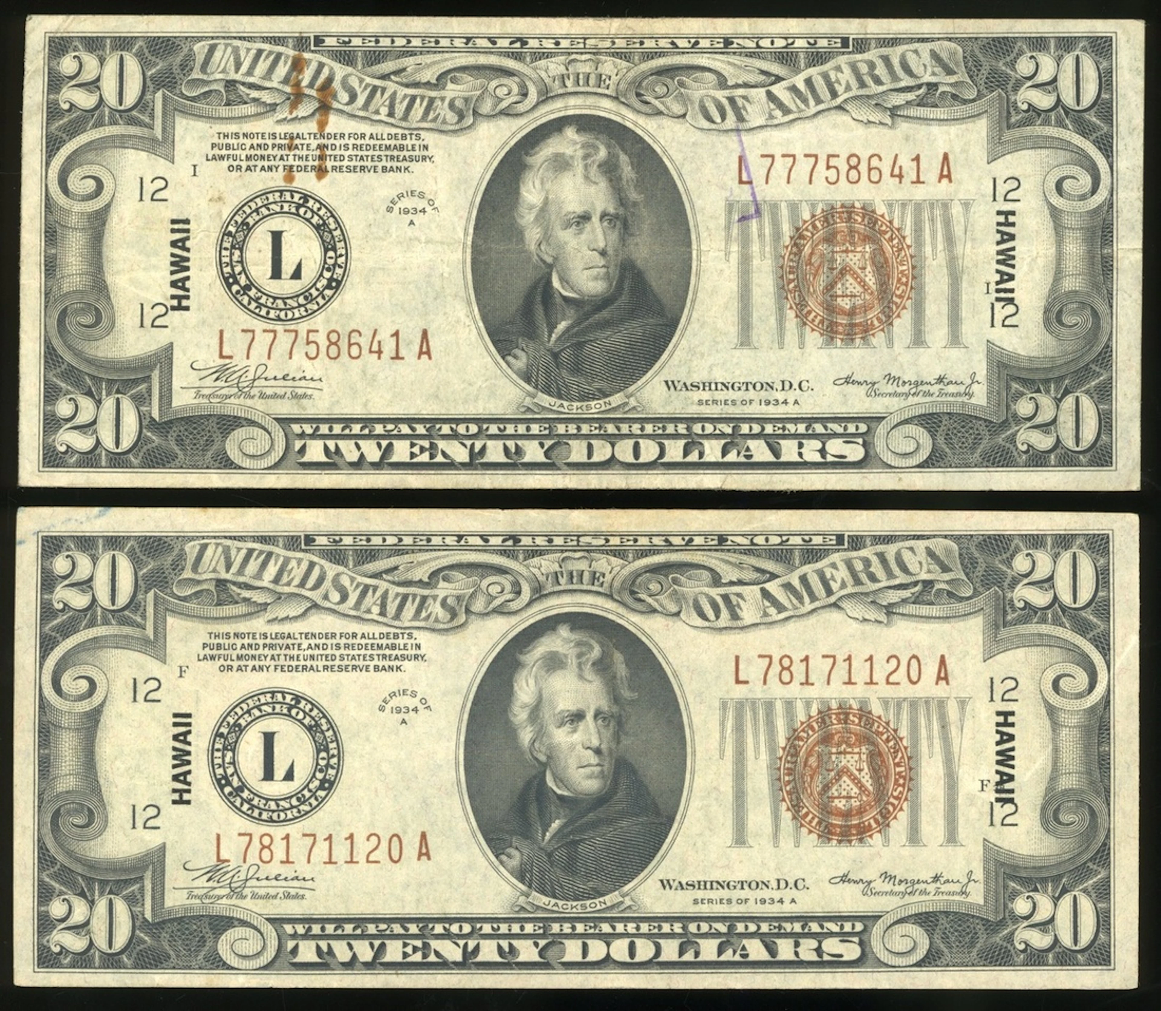 United States, Hawaii Overprint, $20 (2), 1934A, serial number L78171120A