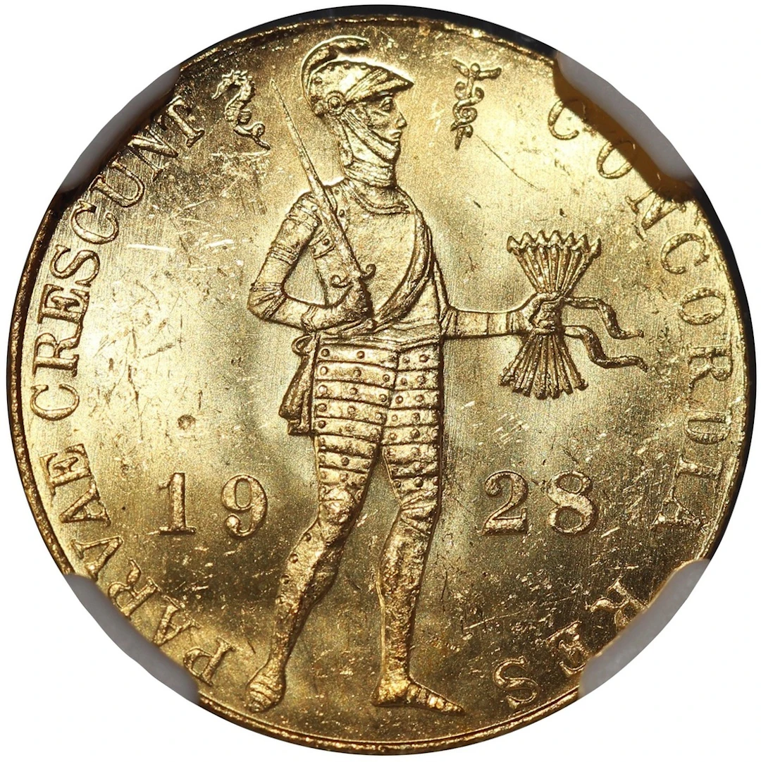 Netherlands, [NGC MS62] gold ducat, 1928, Wilhelmina