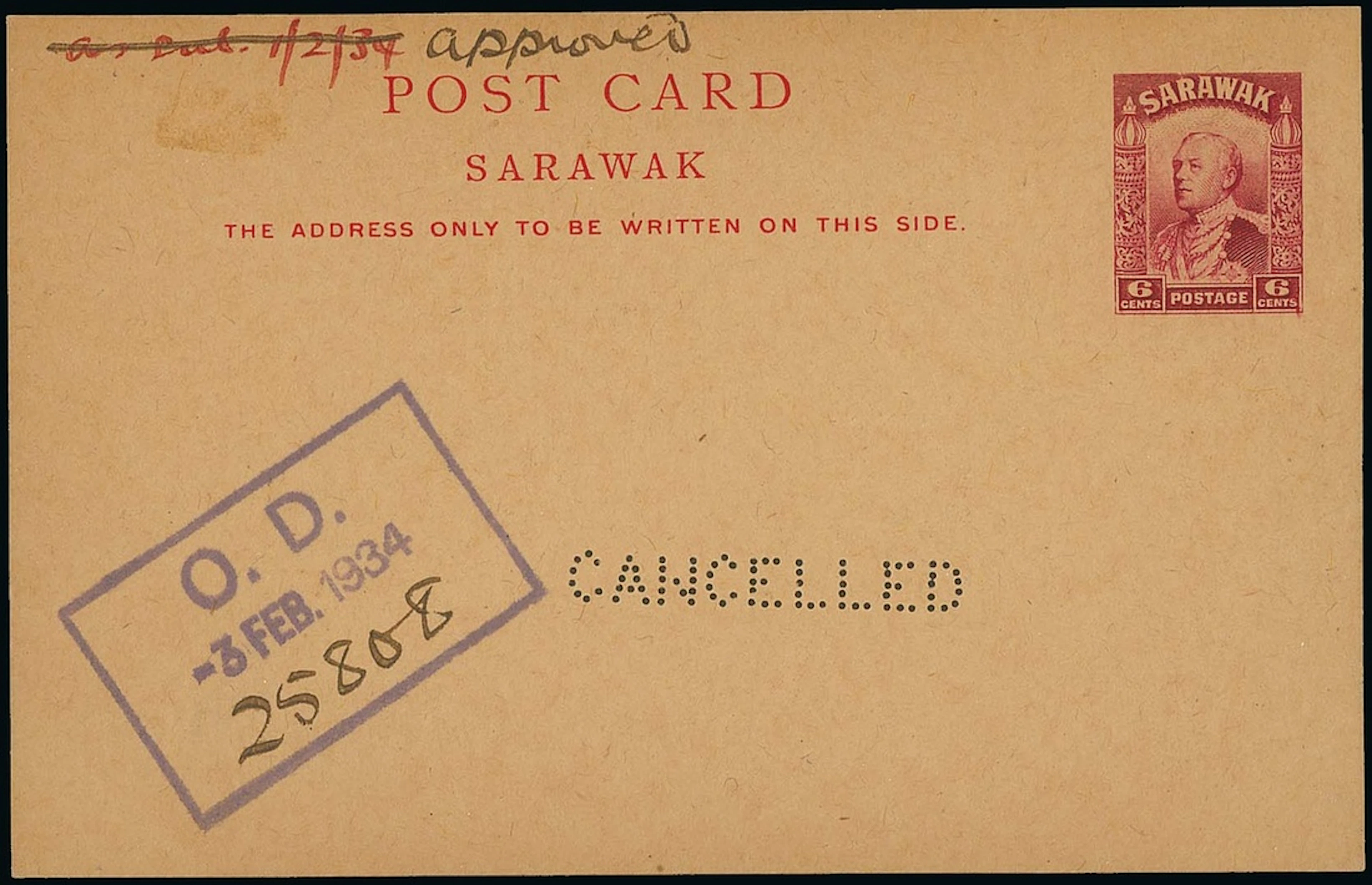 Sarawak Postal Stationery Postcards 1934 Issue 6c. perforated "cancelled"