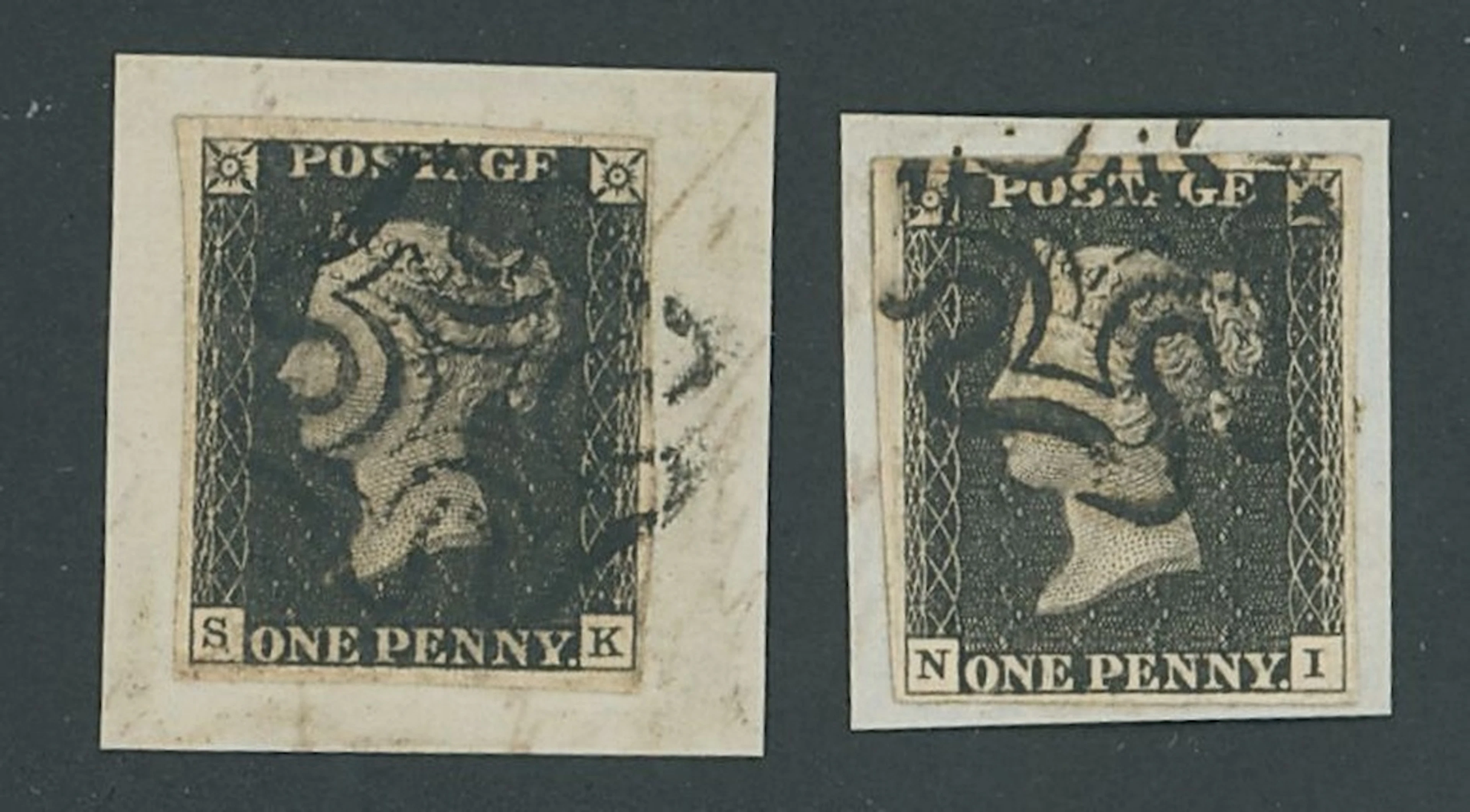 Great Britain 1840 One Penny Black Plate 8 NI and SK, each tied to