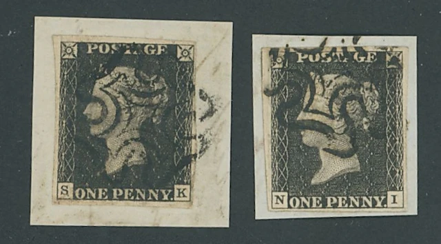 Great Britain 1840 One Penny Black Plate 8 NI and SK, each tied to