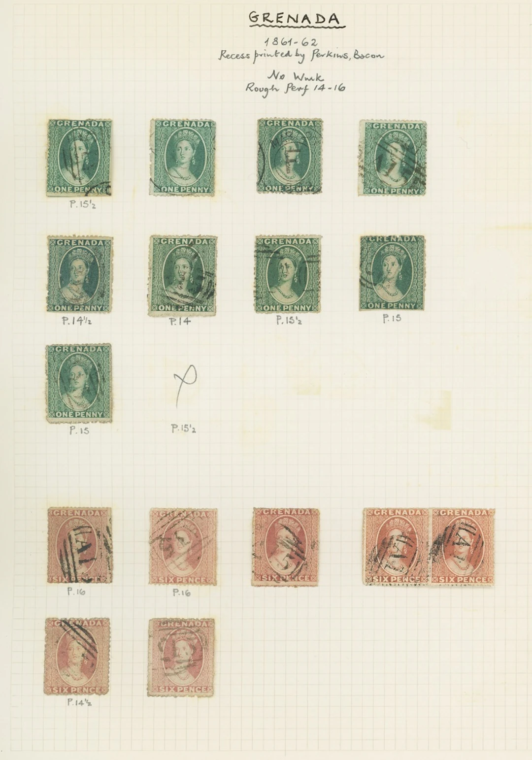 Grenada Issued Stamps 1861-62 no watermark, rough perf 14 to 16, 1d.