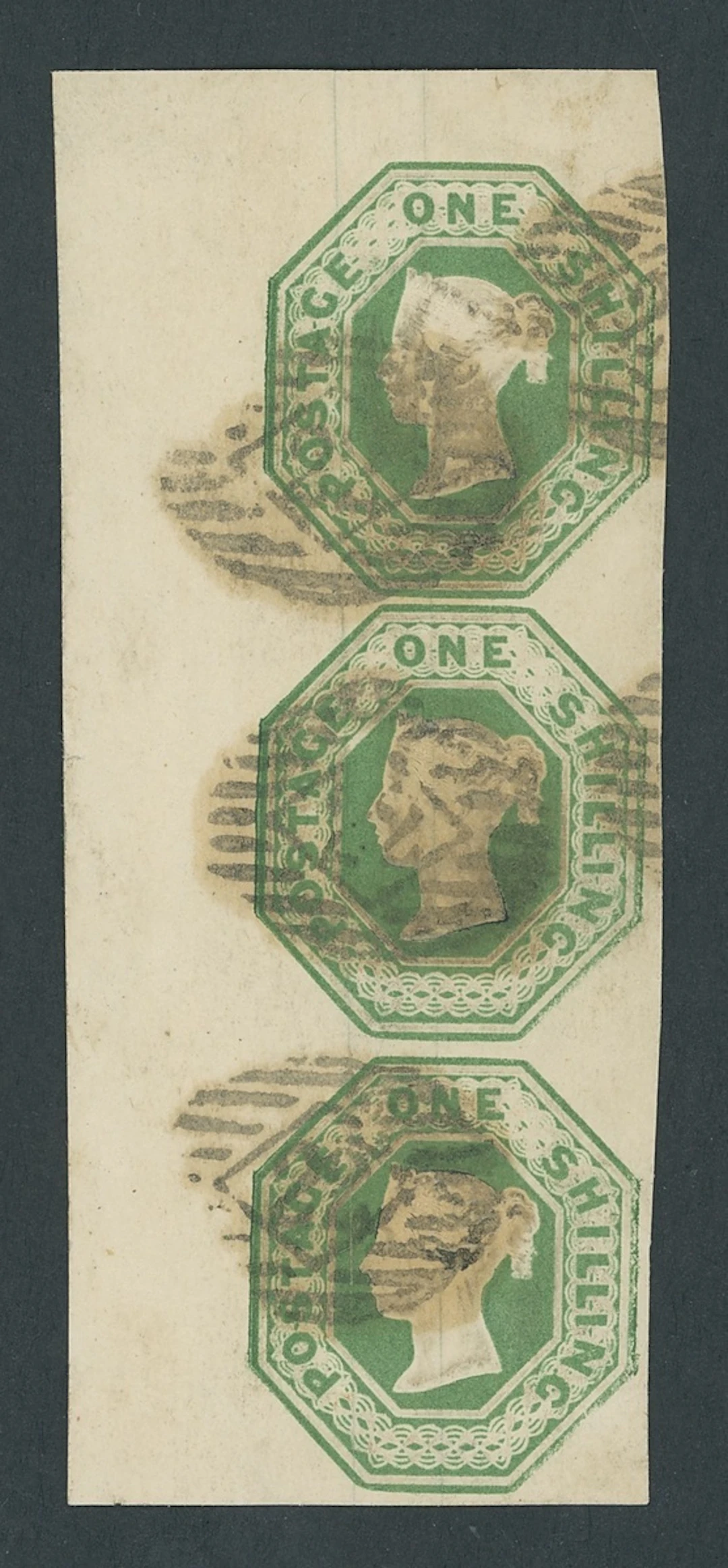 Great Britain 1847-54 Embossed 1/- green, Die 2, vertical strip of