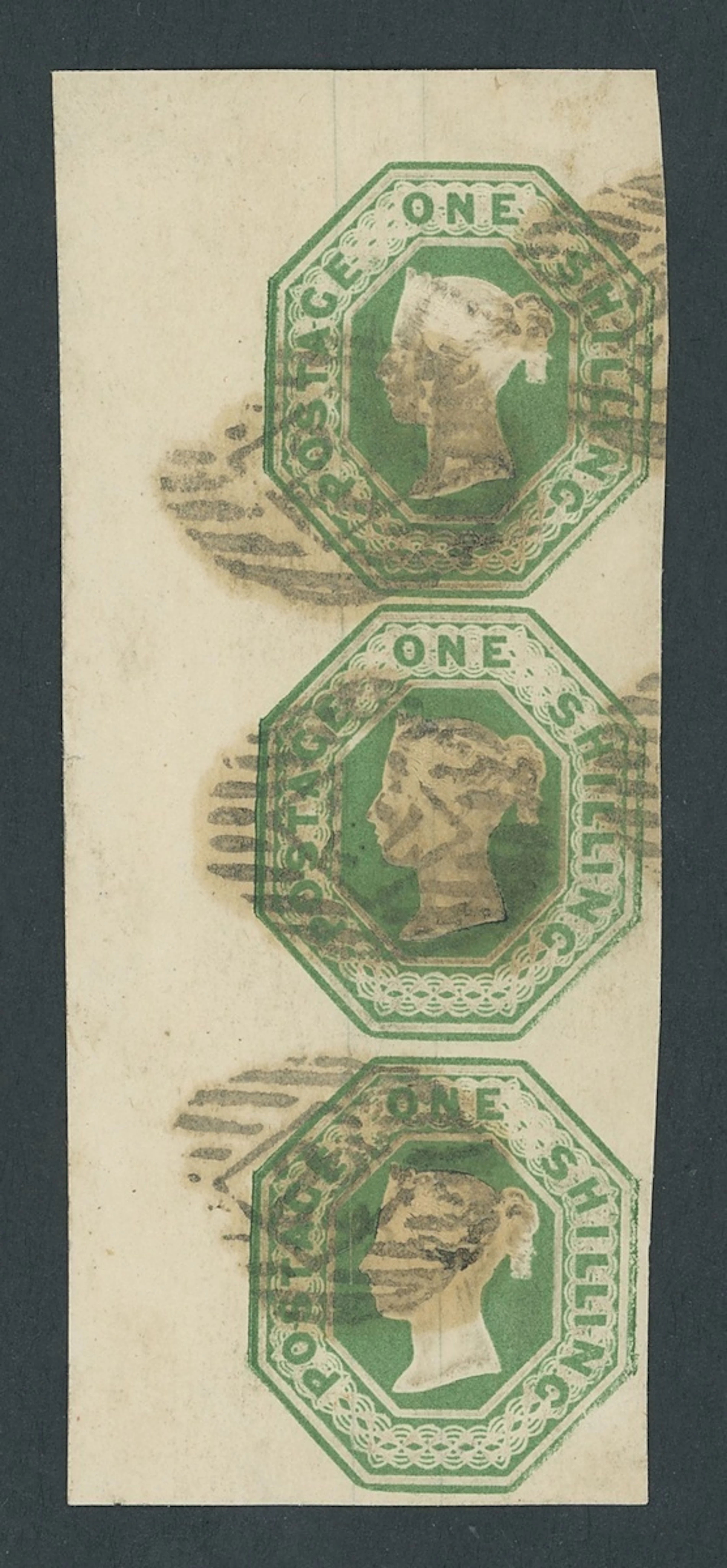 Great Britain 1847-54 Embossed 1/- green, Die 2, vertical strip of