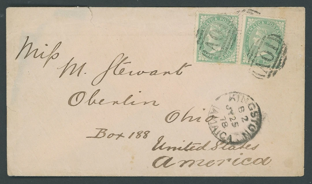 Jamaica Covers and Cancellations "A01" 1878 (25 July) envelope to