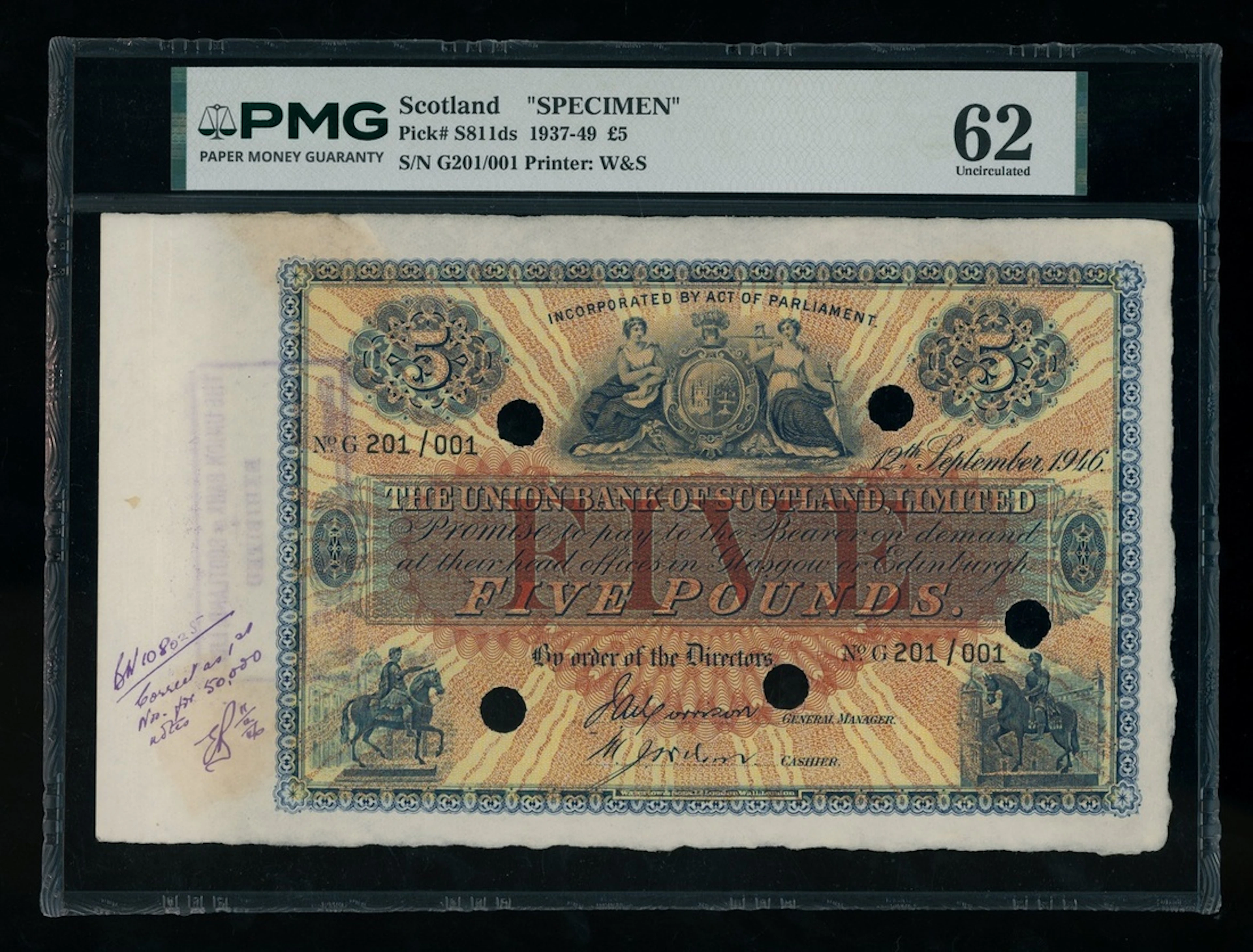 Union Bank of Scotland, specimen £5, 12.9.1916, serial number G201/001