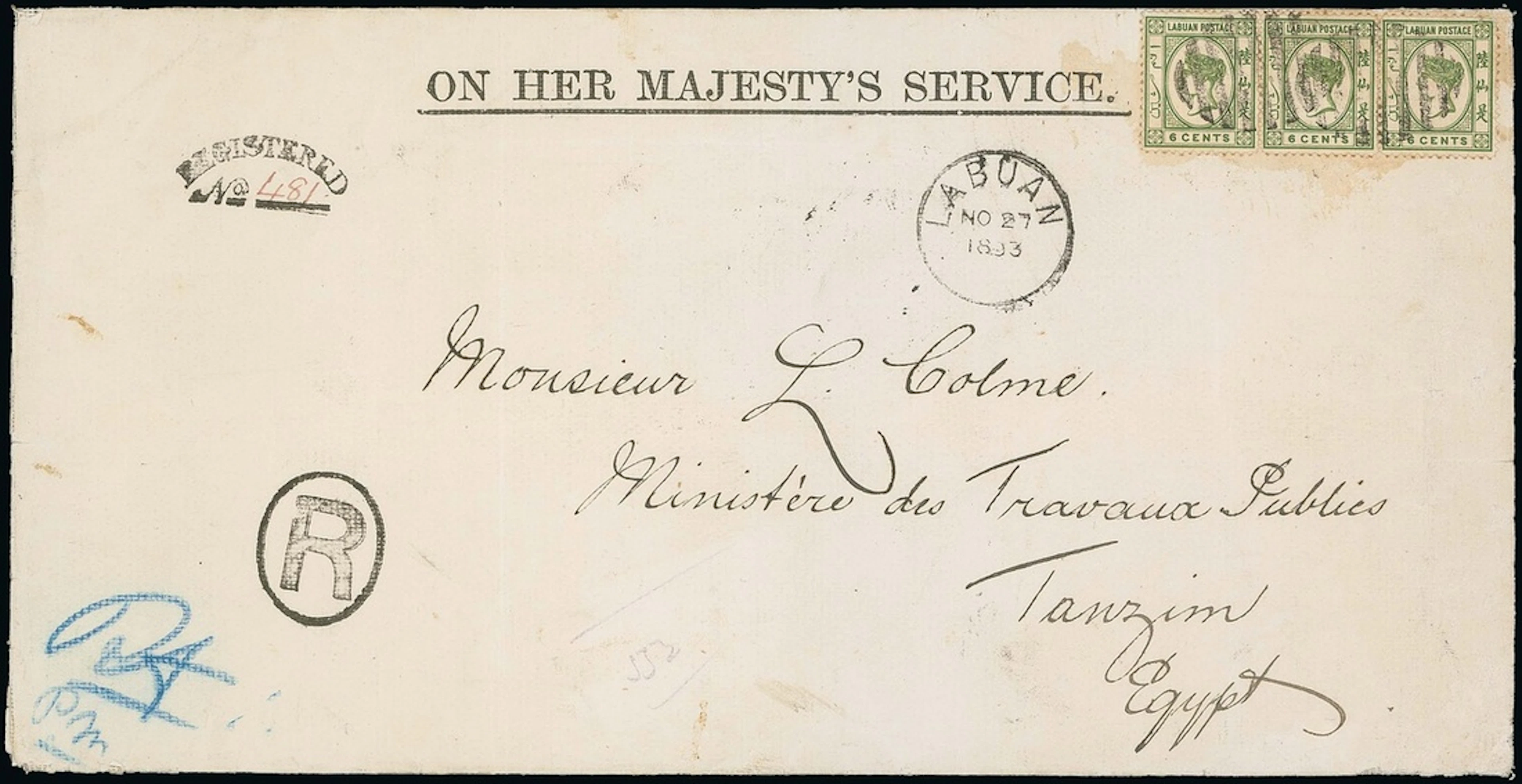 Labuan Official Mail 1893 (27 Nov.) OHMS envelope (255x130mm.) with