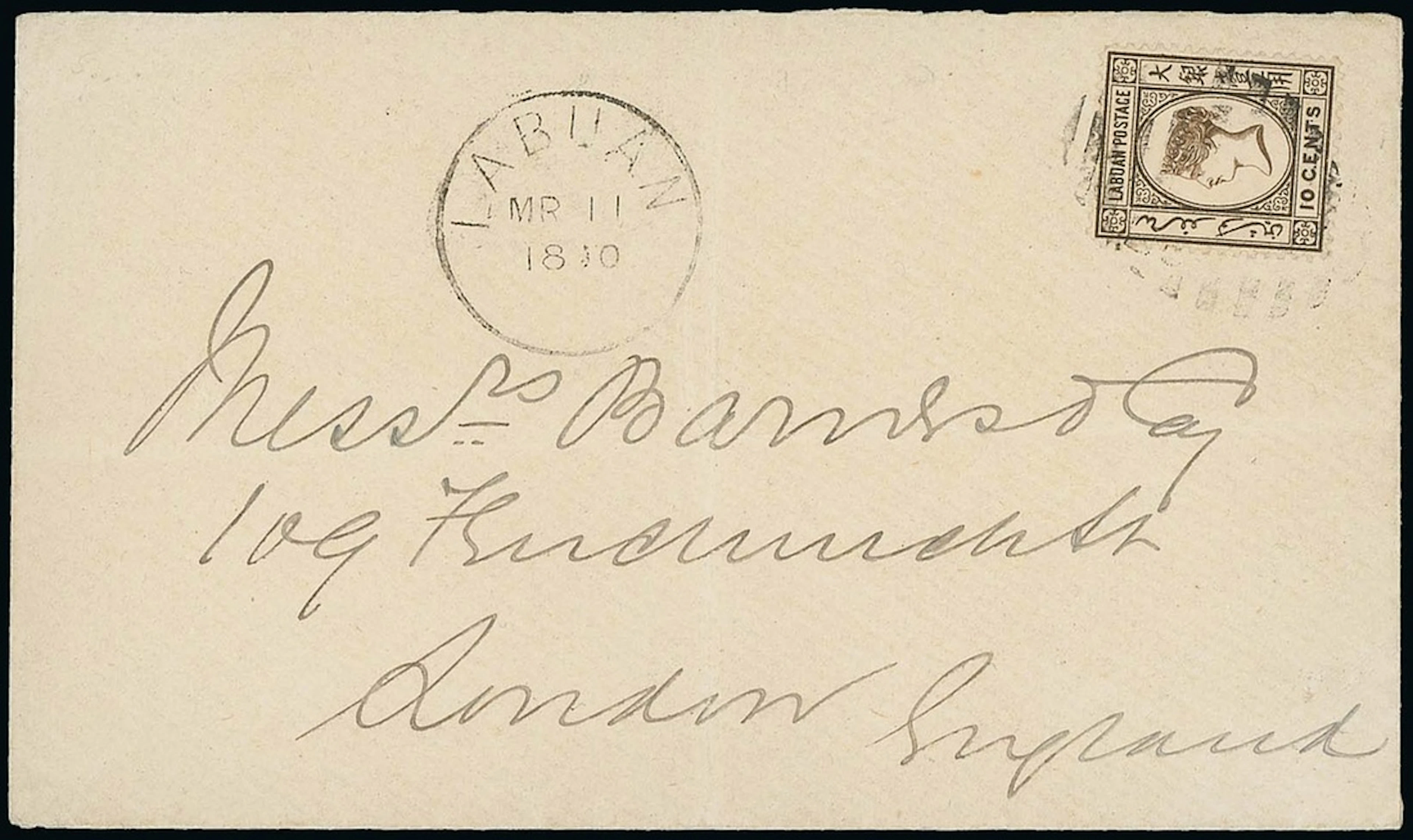 Labuan 1885-86 Watermark Crown CA Covers 1890 (11 Mar.) envelope to