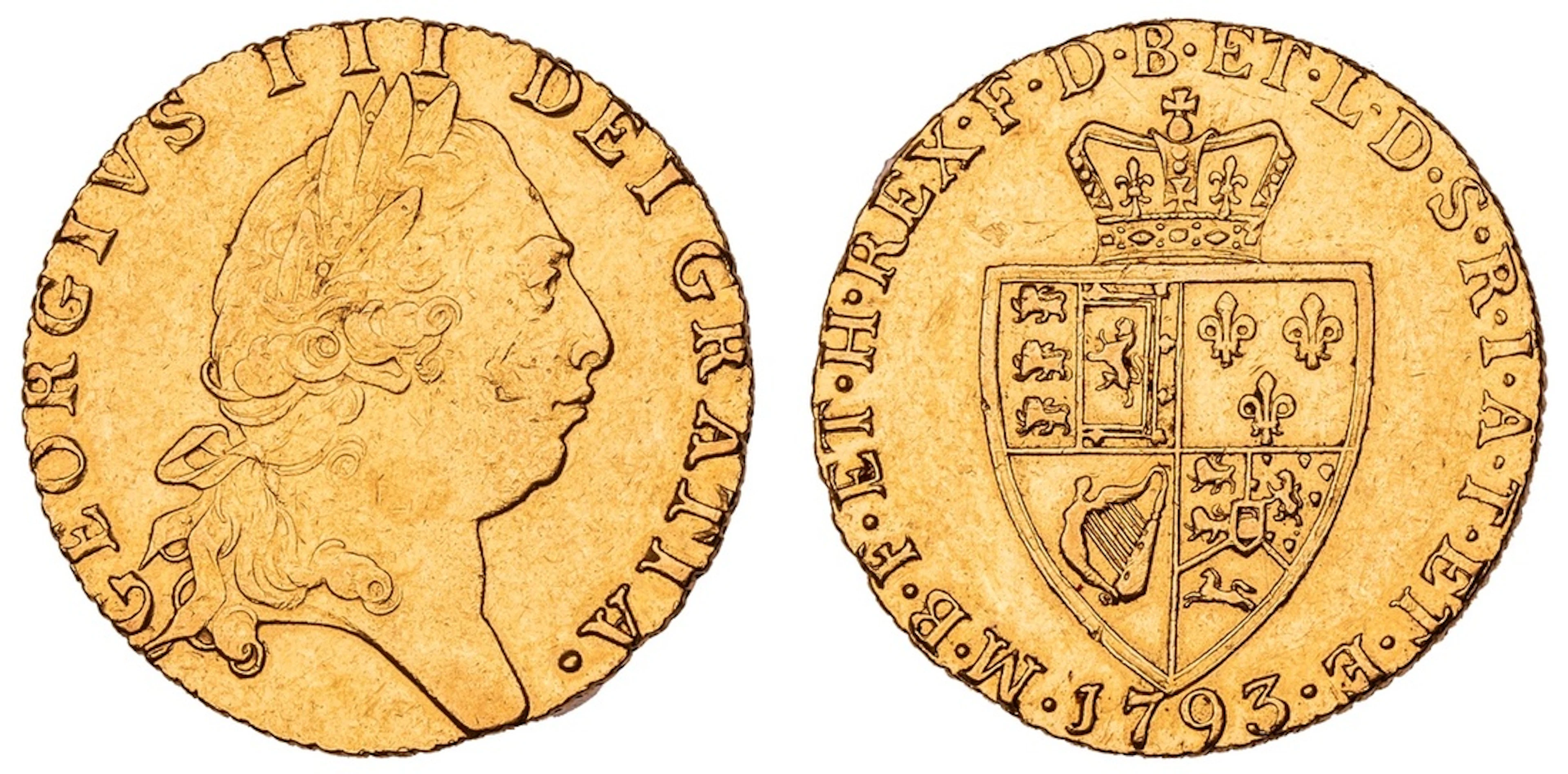 George III (1760-1820), 'Spade' Guinea, 1793, fifth laureate head
