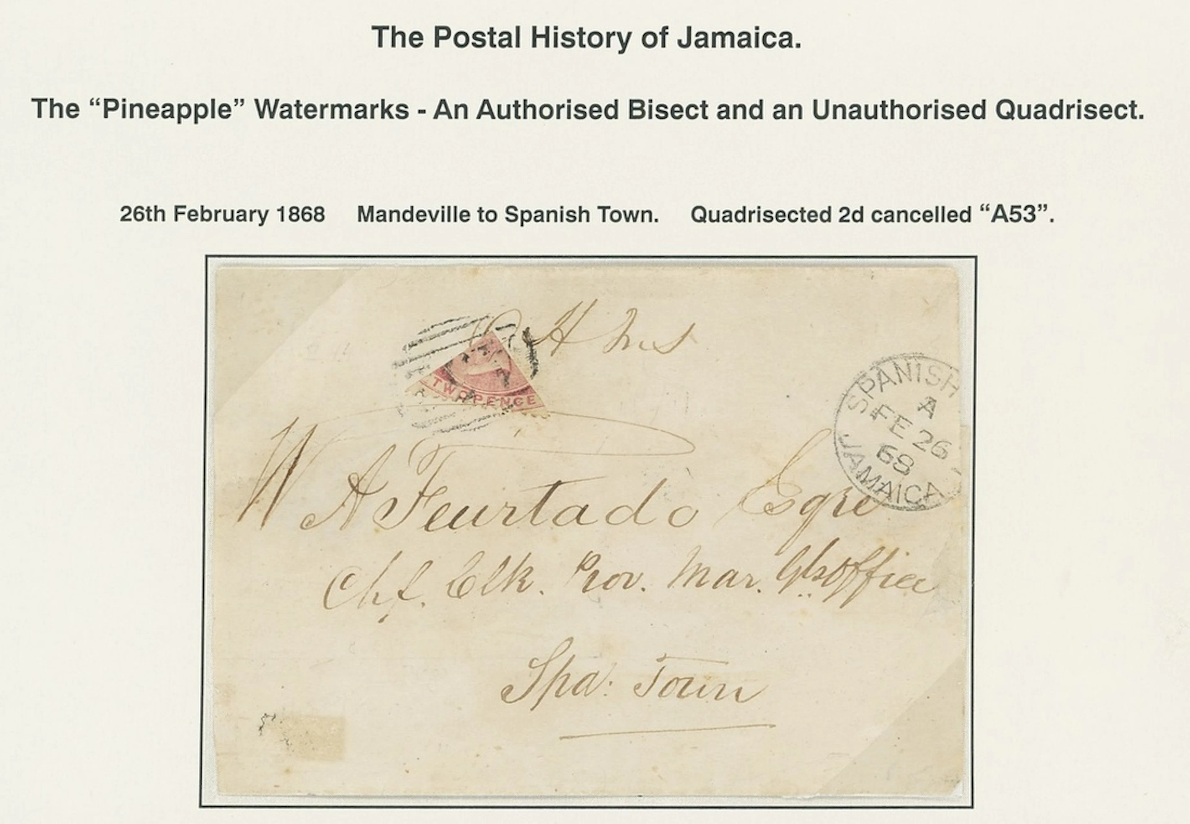 Jamaica Covers and Cancellations "A53" 1868 (26 Feb.) small "O H M