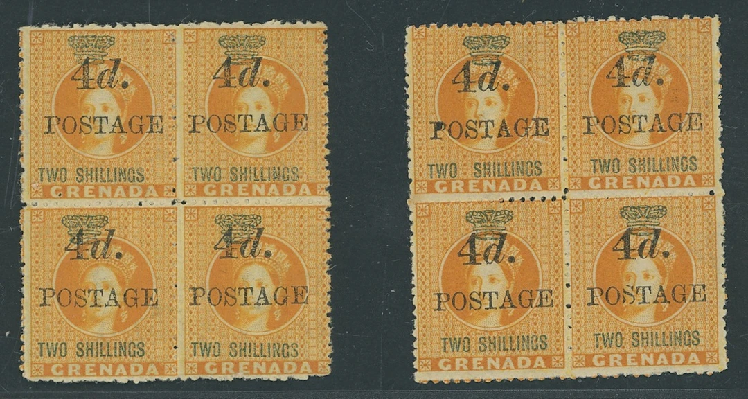 Grenada Issued Stamps 1888 (May), 4mm. spacing, 4d. on 2/- orange