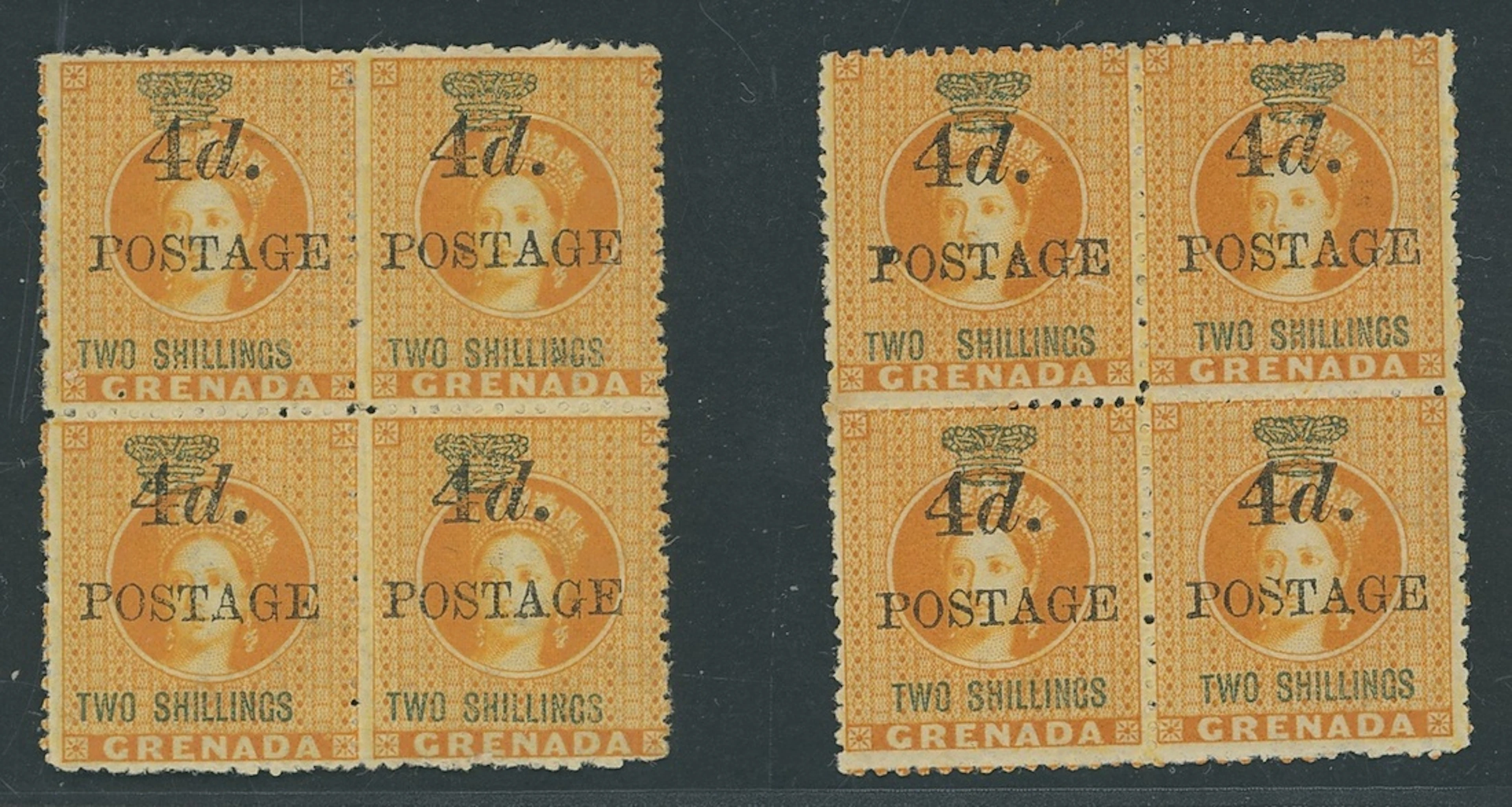 Grenada Issued Stamps 1888 (May), 4mm. spacing, 4d. on 2/- orange