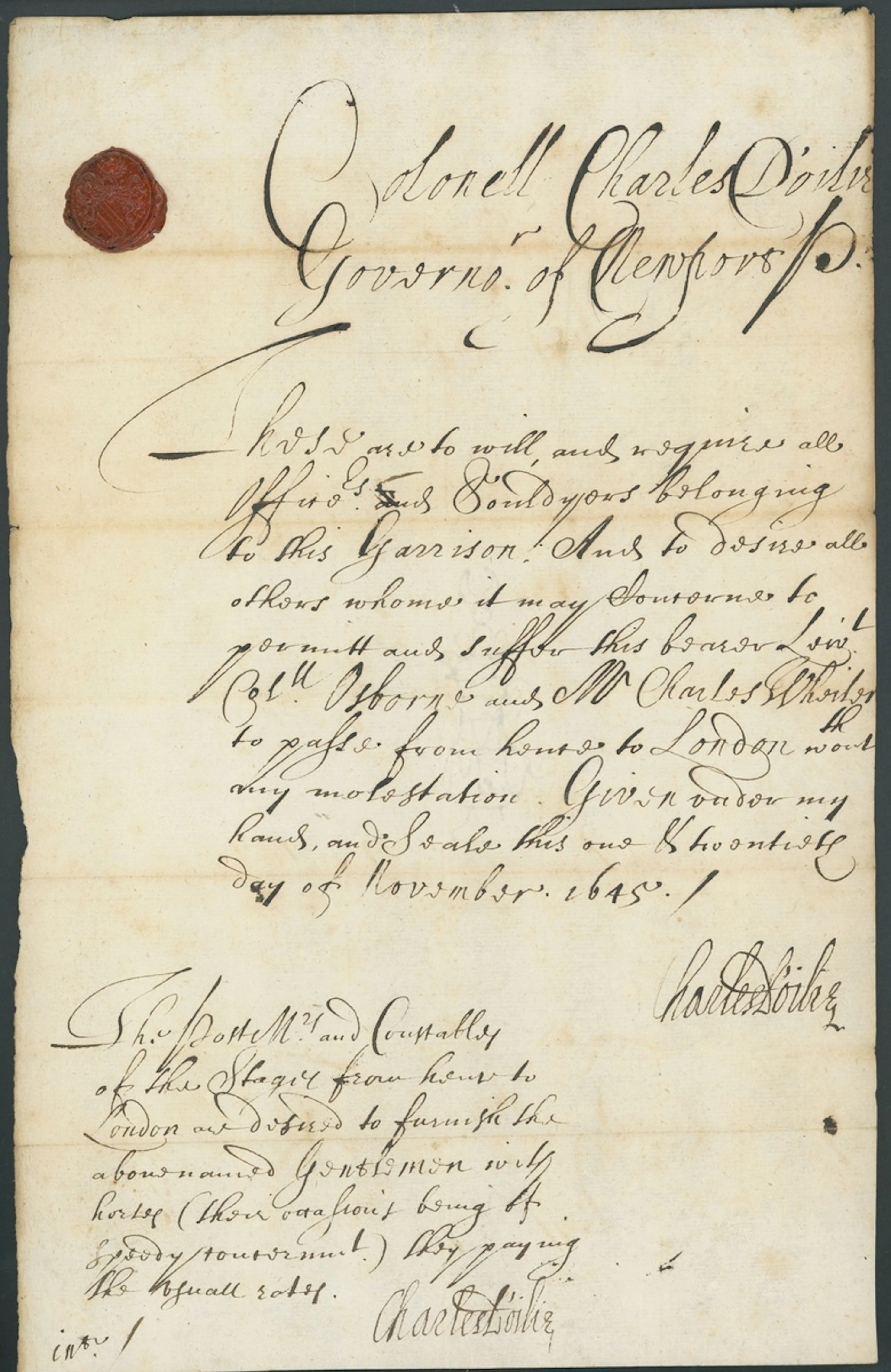 Civil War 'Pass' 1645 (20 Nov.) document issued at Newport Pagnell