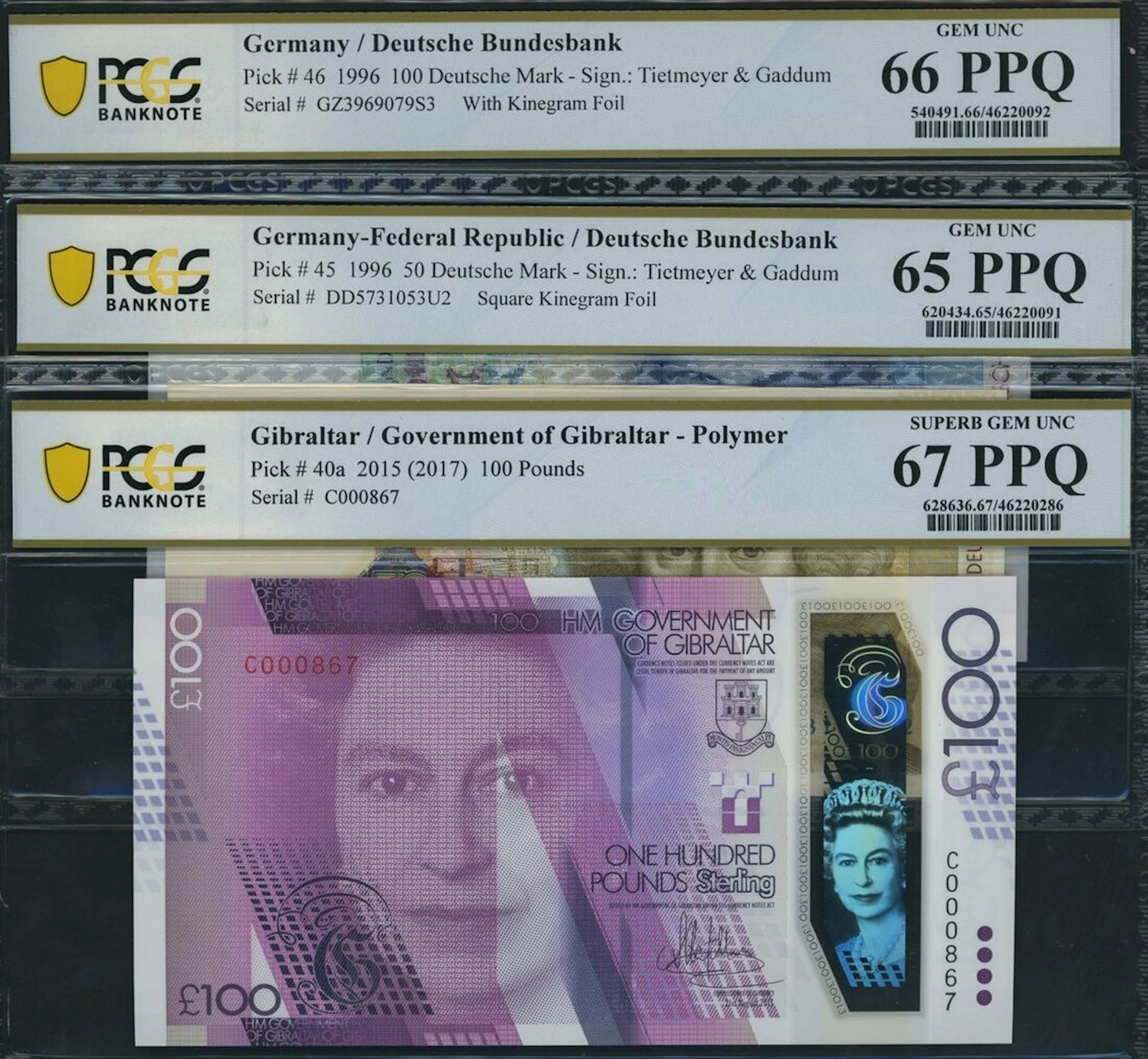 Europe, [3 notes] 50 & 100 Deutsche Mark, 100 Pounds, 1996-2015, (Pick