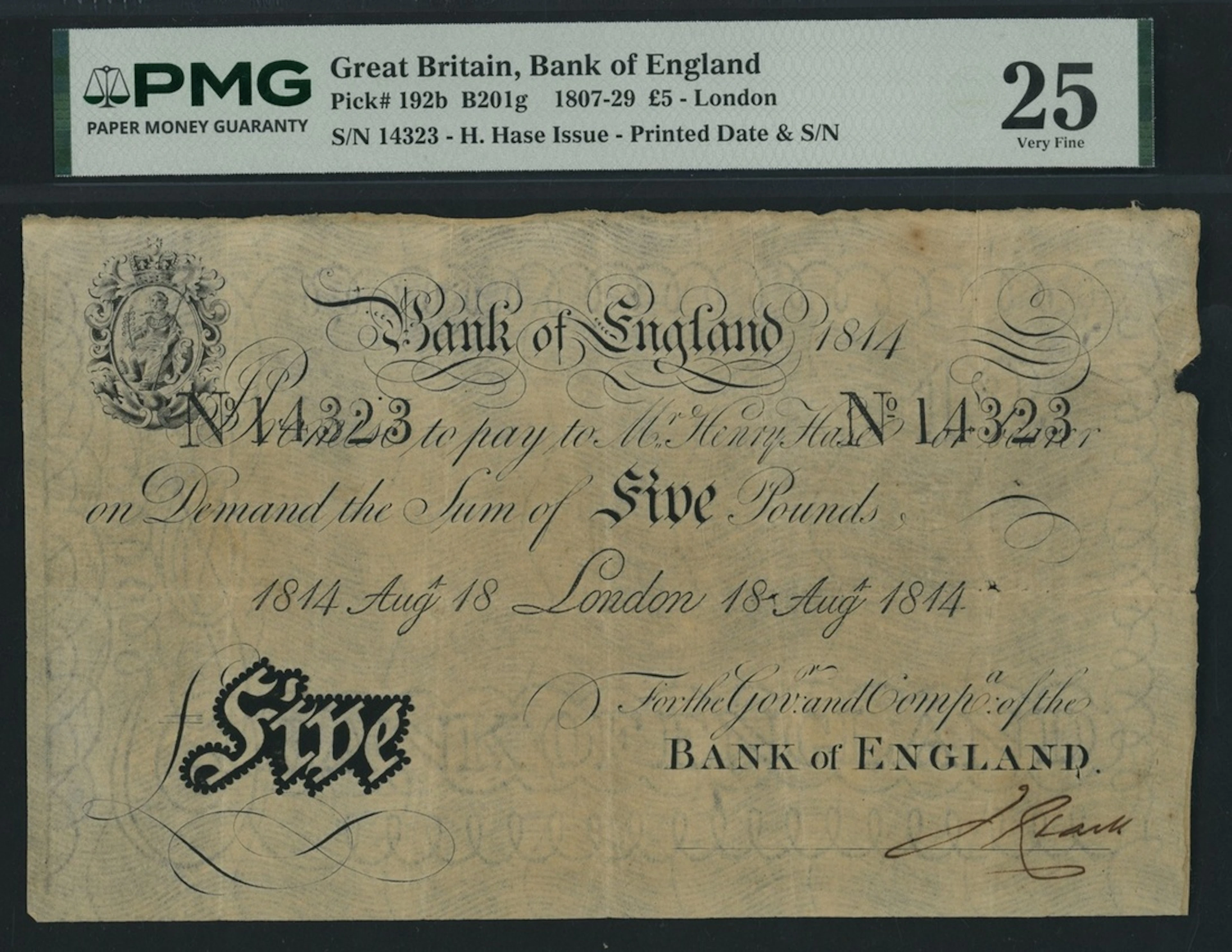 Bank of England, H. Hase, £5, London, 18th August 1814, serial number