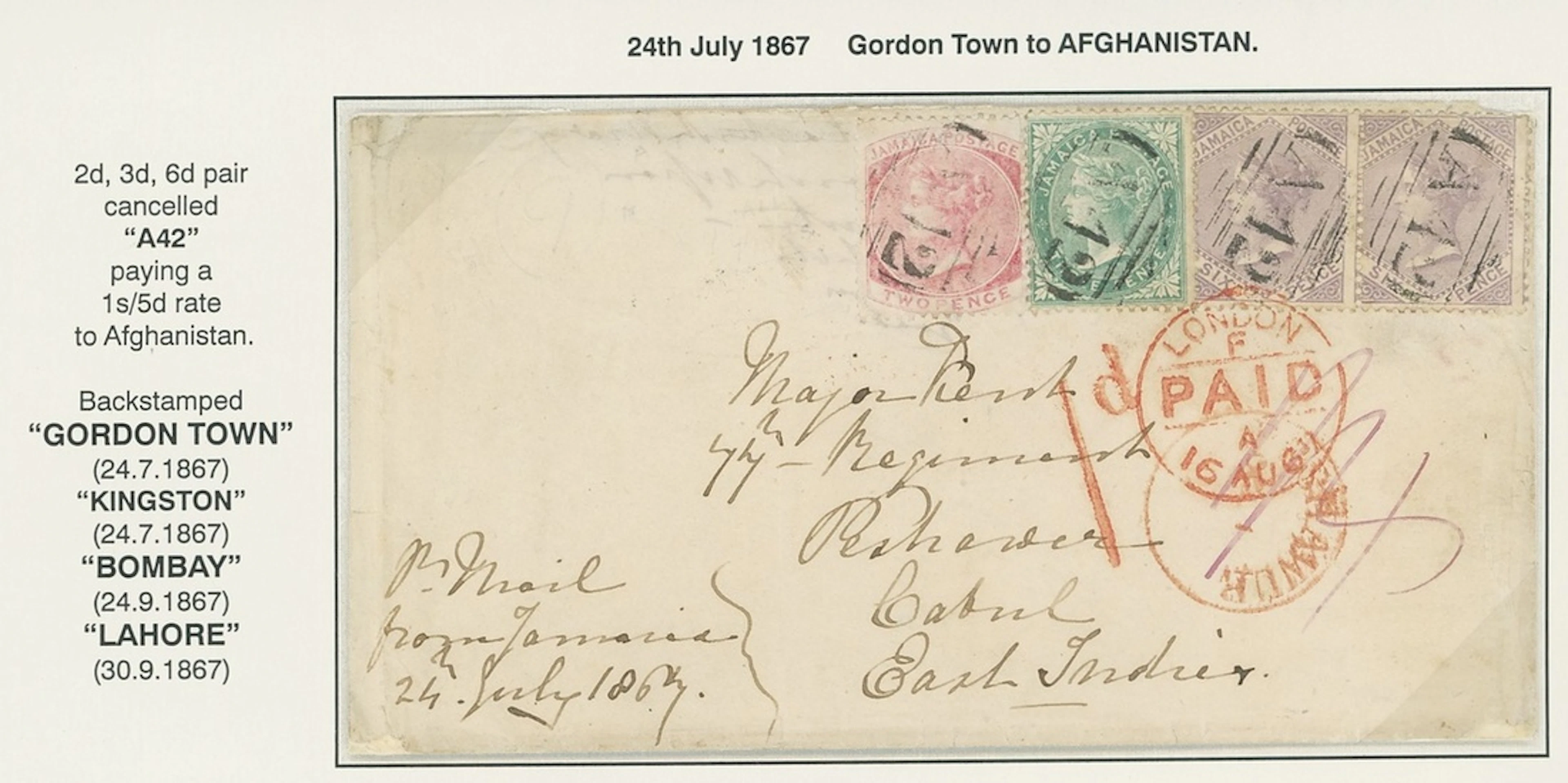Jamaica Covers and Cancellations "A42" 1867 (24 July) envelope ex