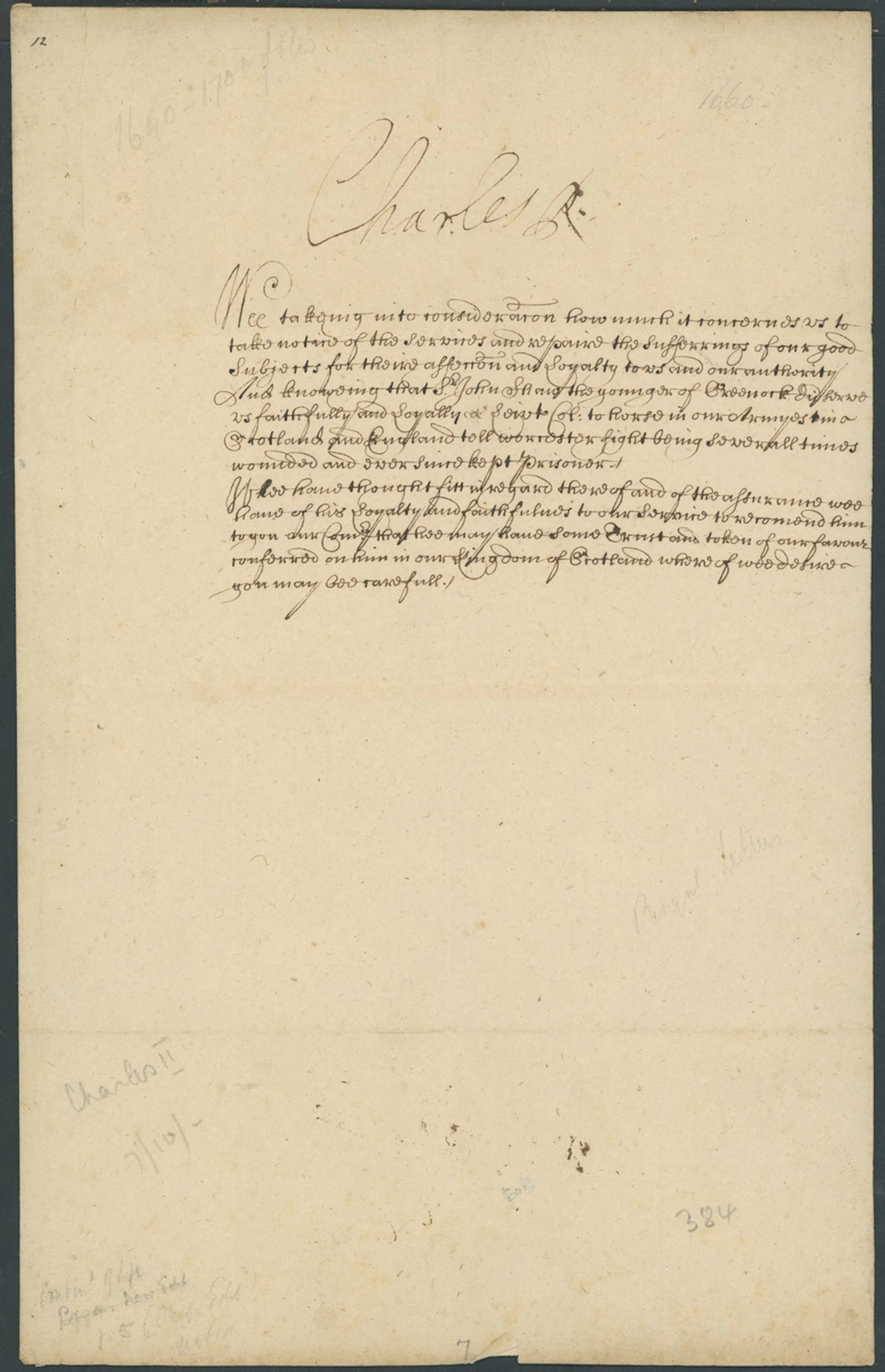 King Charles II - The Stuart Restoration 1660 [?], no place, letter