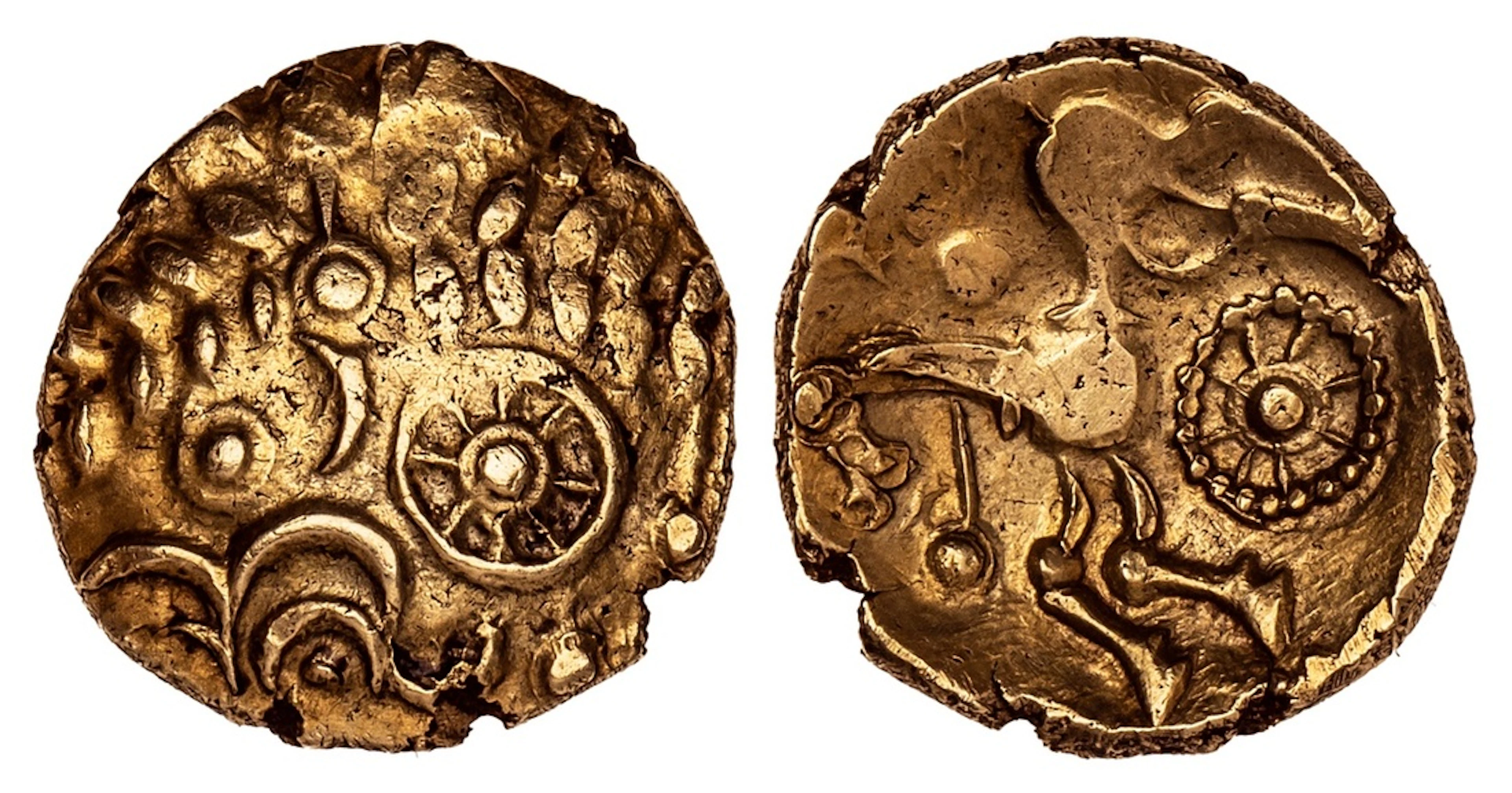 Celtic, East Wiltshire, AV Quarter-Stater, 'Three-Wheels Left' Type