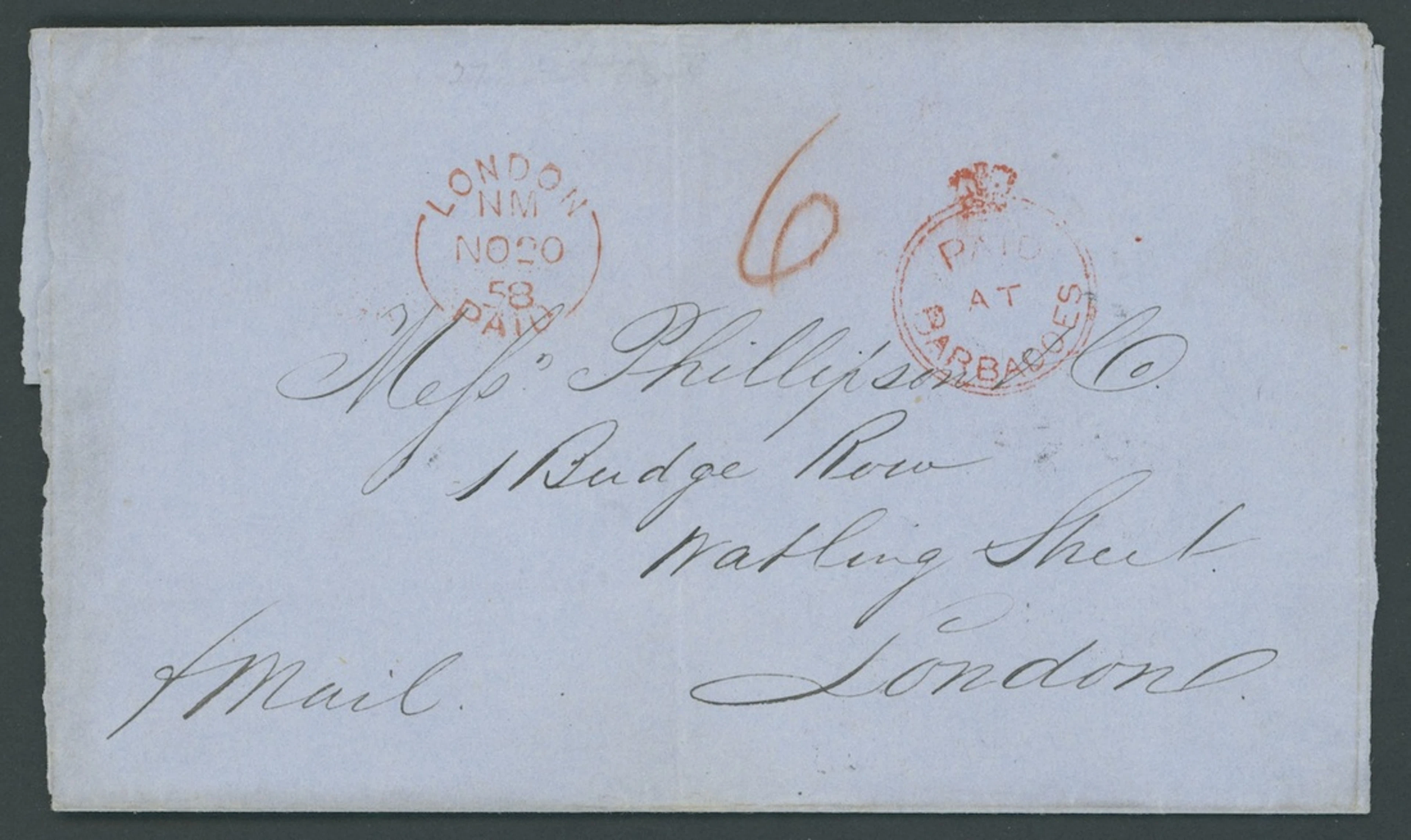 Barbados Early Letters and Handstamps 1858 (27 Oct.) entire (no side