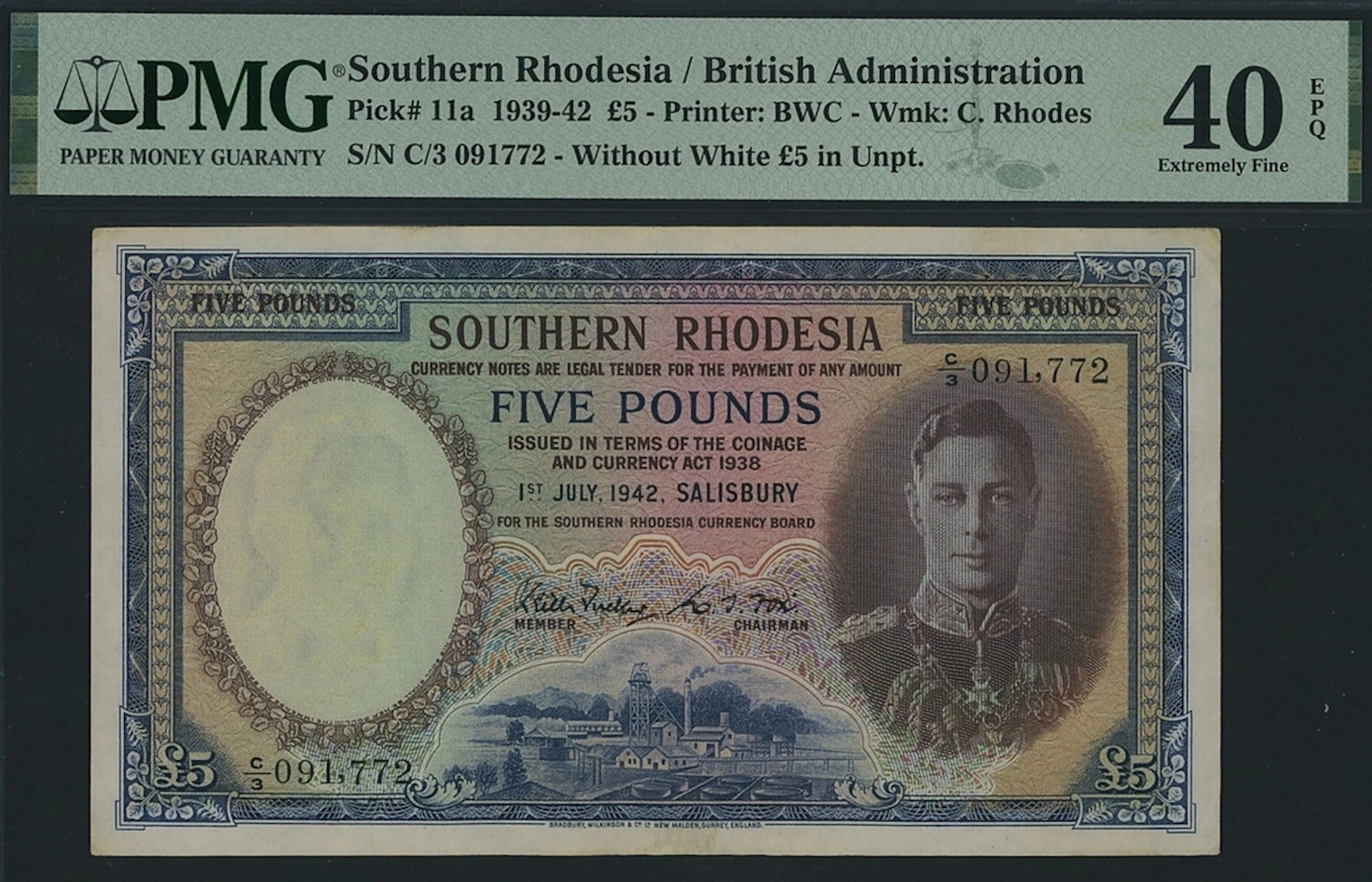 Southern Rhodesia, British Administration, £5, Salisbury, 1st July