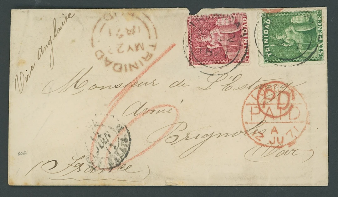 Trinidad Covers and Cancellations 1871 (22 May) envelope to France