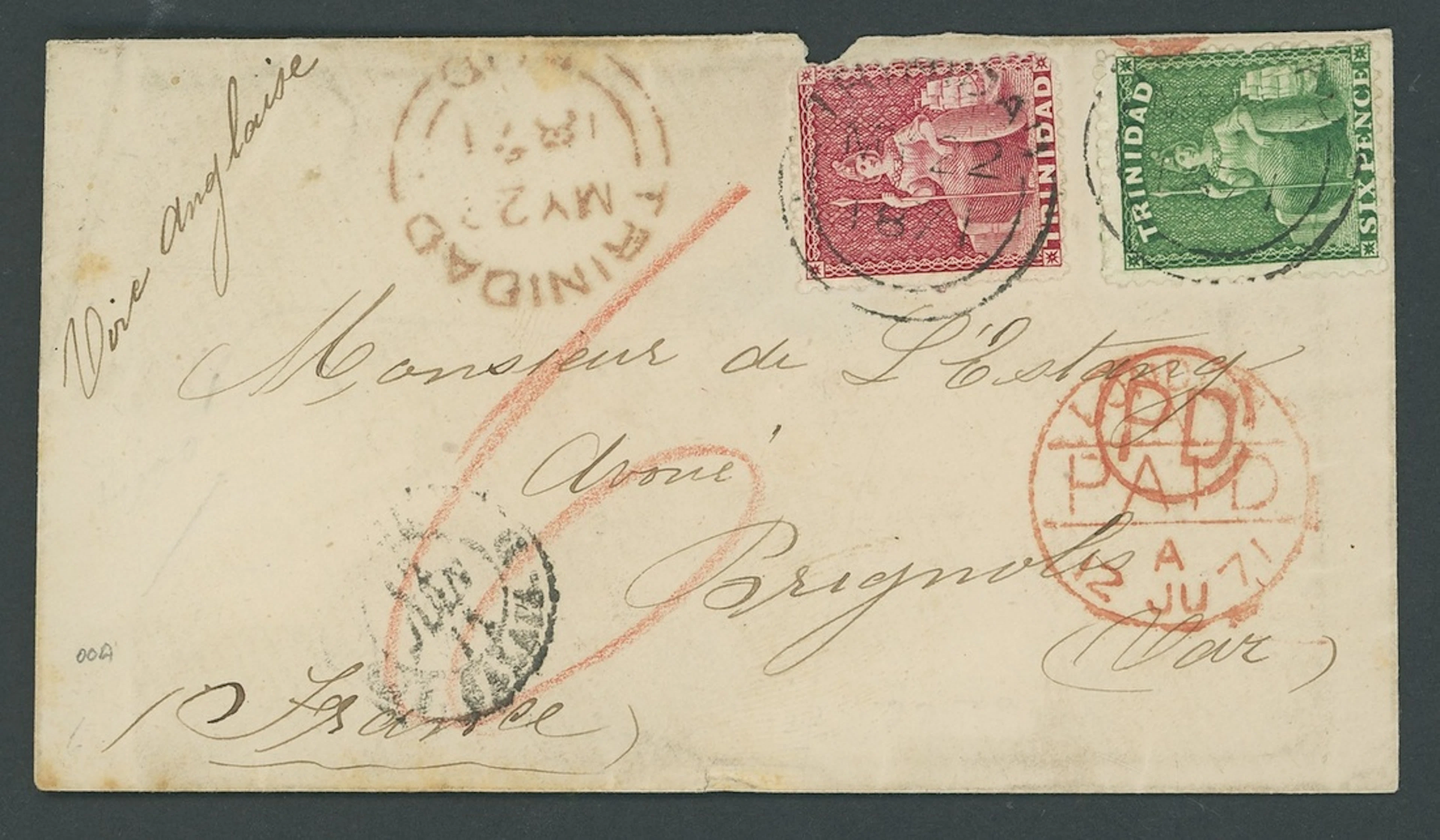 Trinidad Covers and Cancellations 1871 (22 May) envelope to France