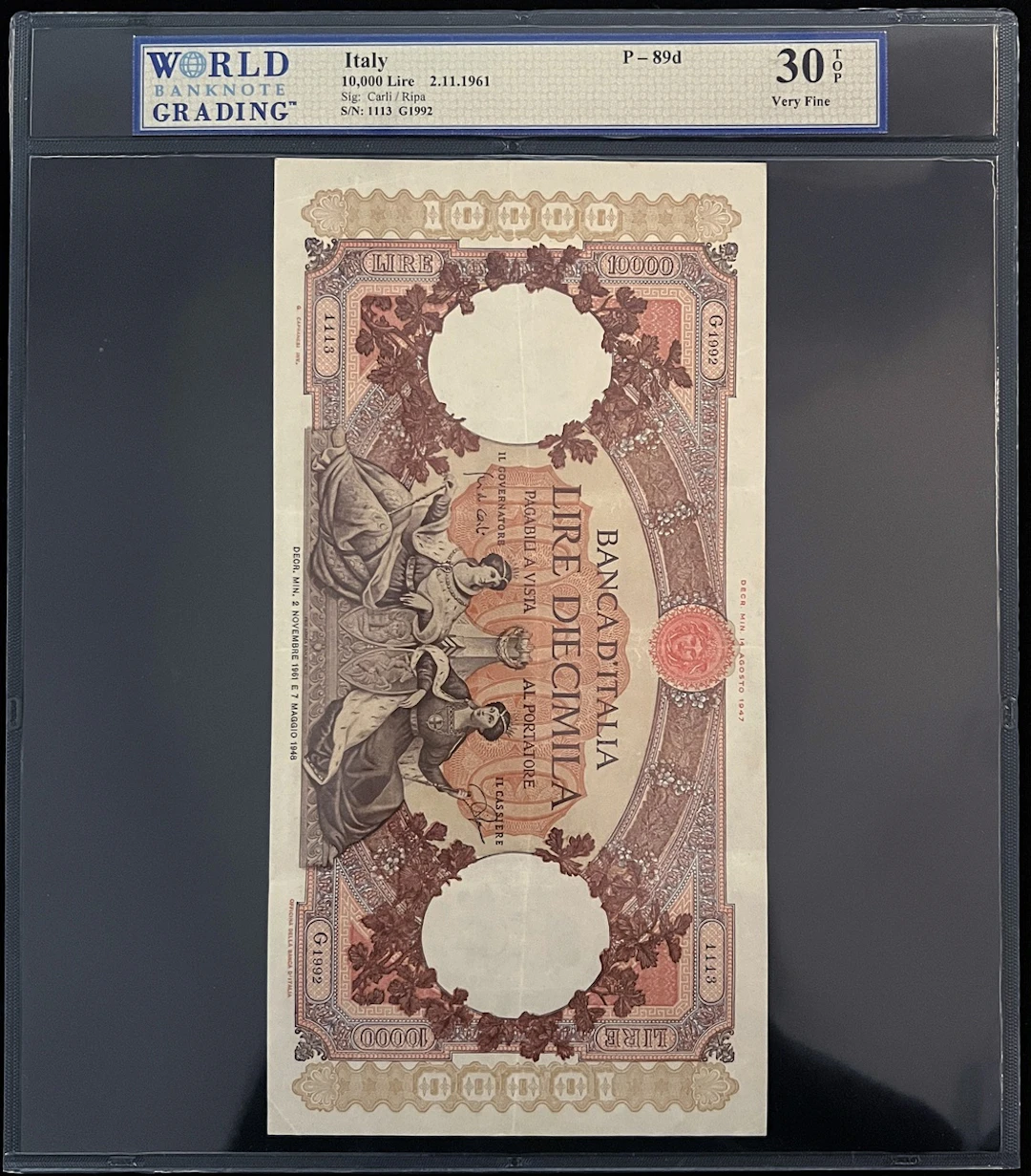 Banca d'Italia, Italy, 10,000 lire, 1961, serial number G.1992 1113
