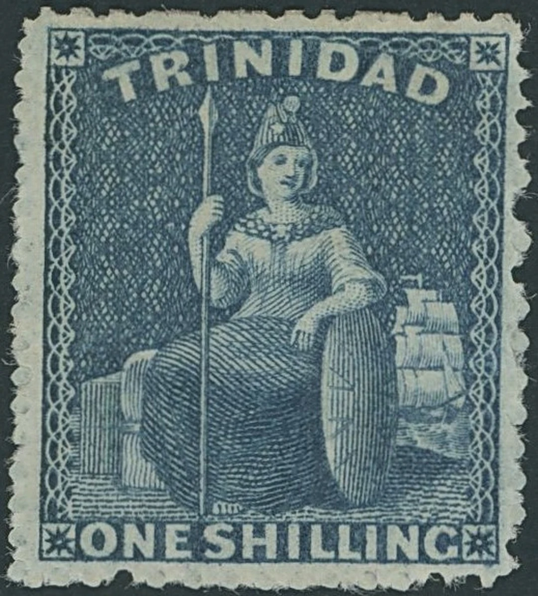 Trinidad 1861 (June) rough perf 14½-16, 1/- indigo, unused with part