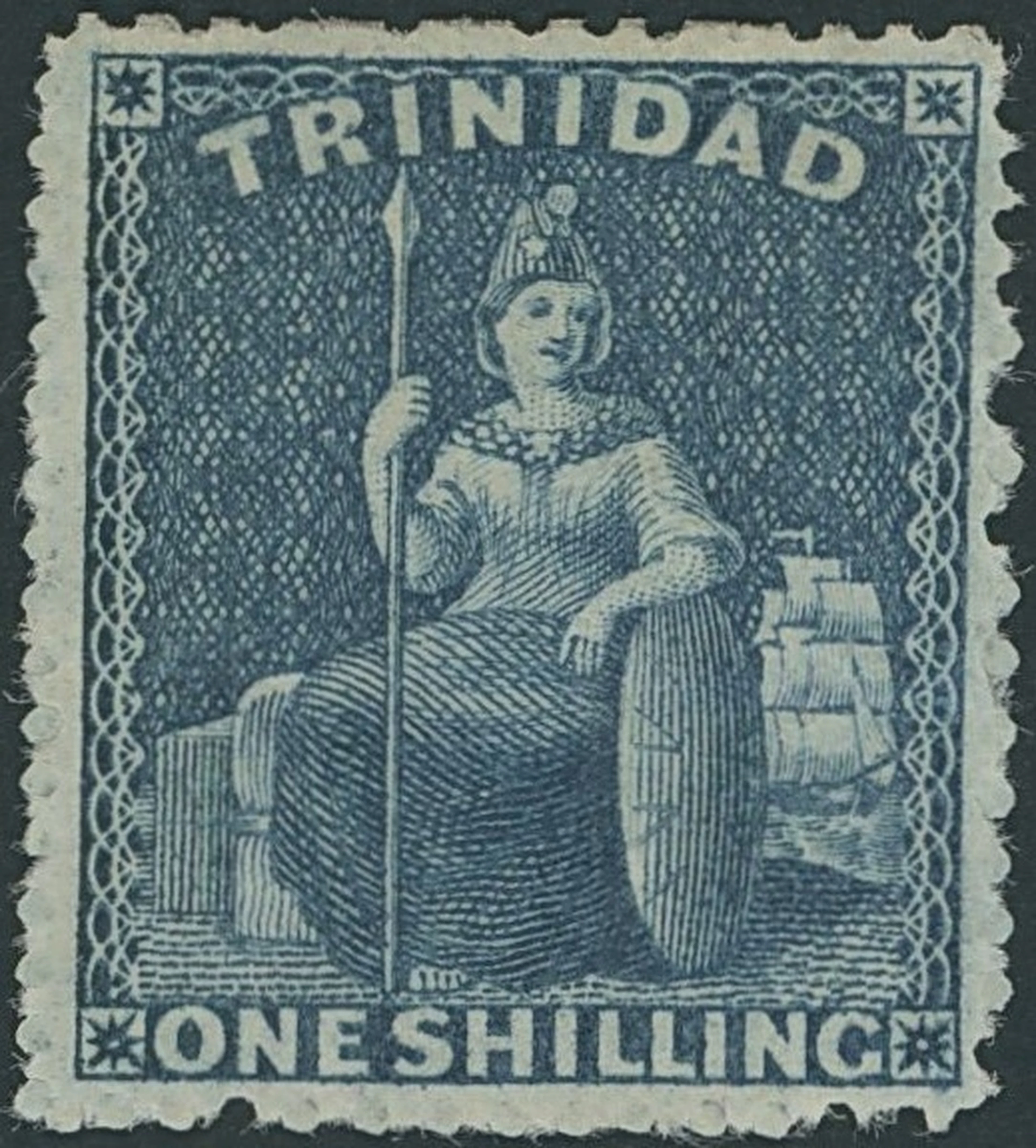 Trinidad 1861 (June) rough perf 14½-16, 1/- indigo, unused with part