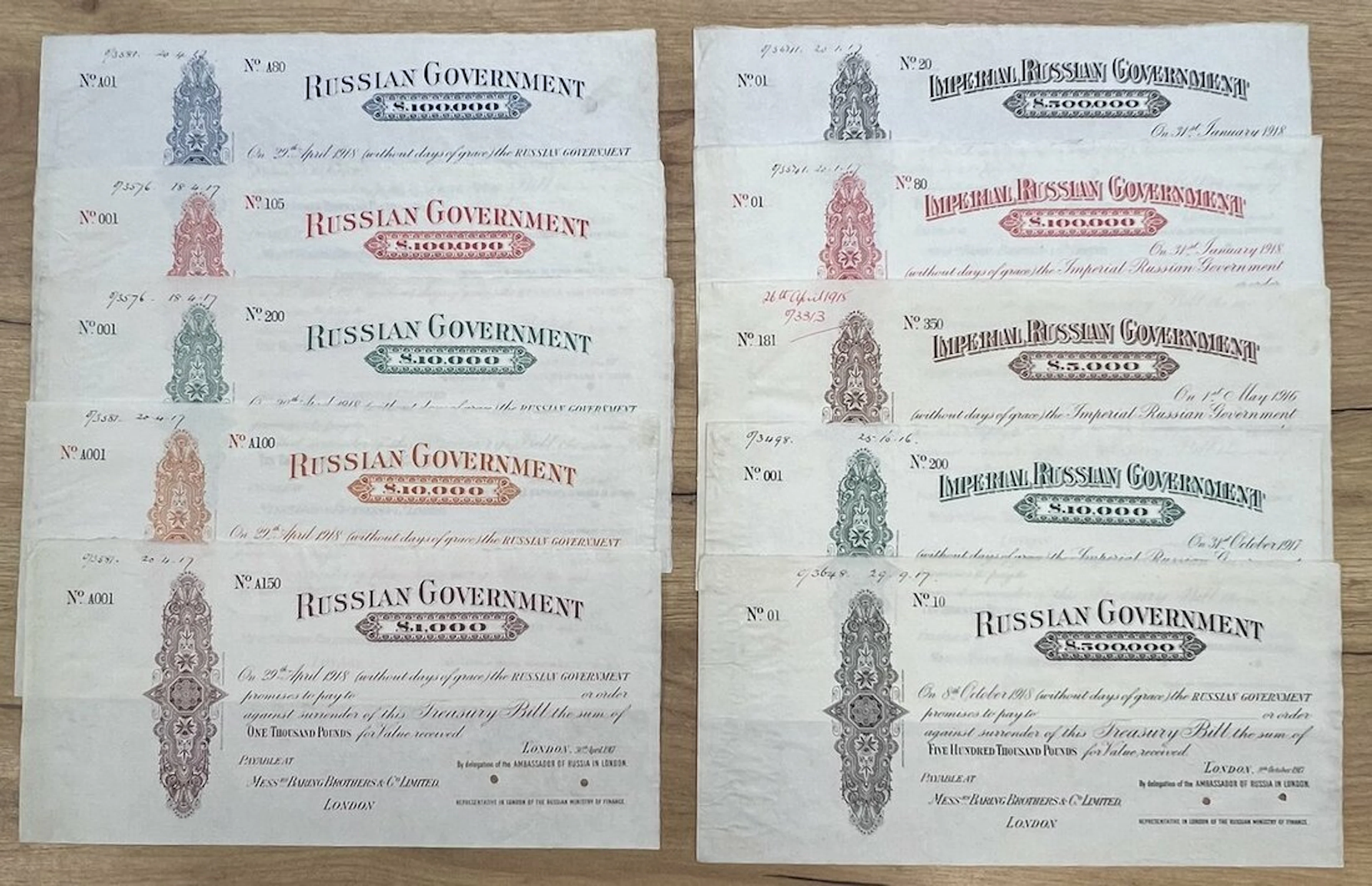Imperial Russian Government, [10 notes] colour trial essays Treasury