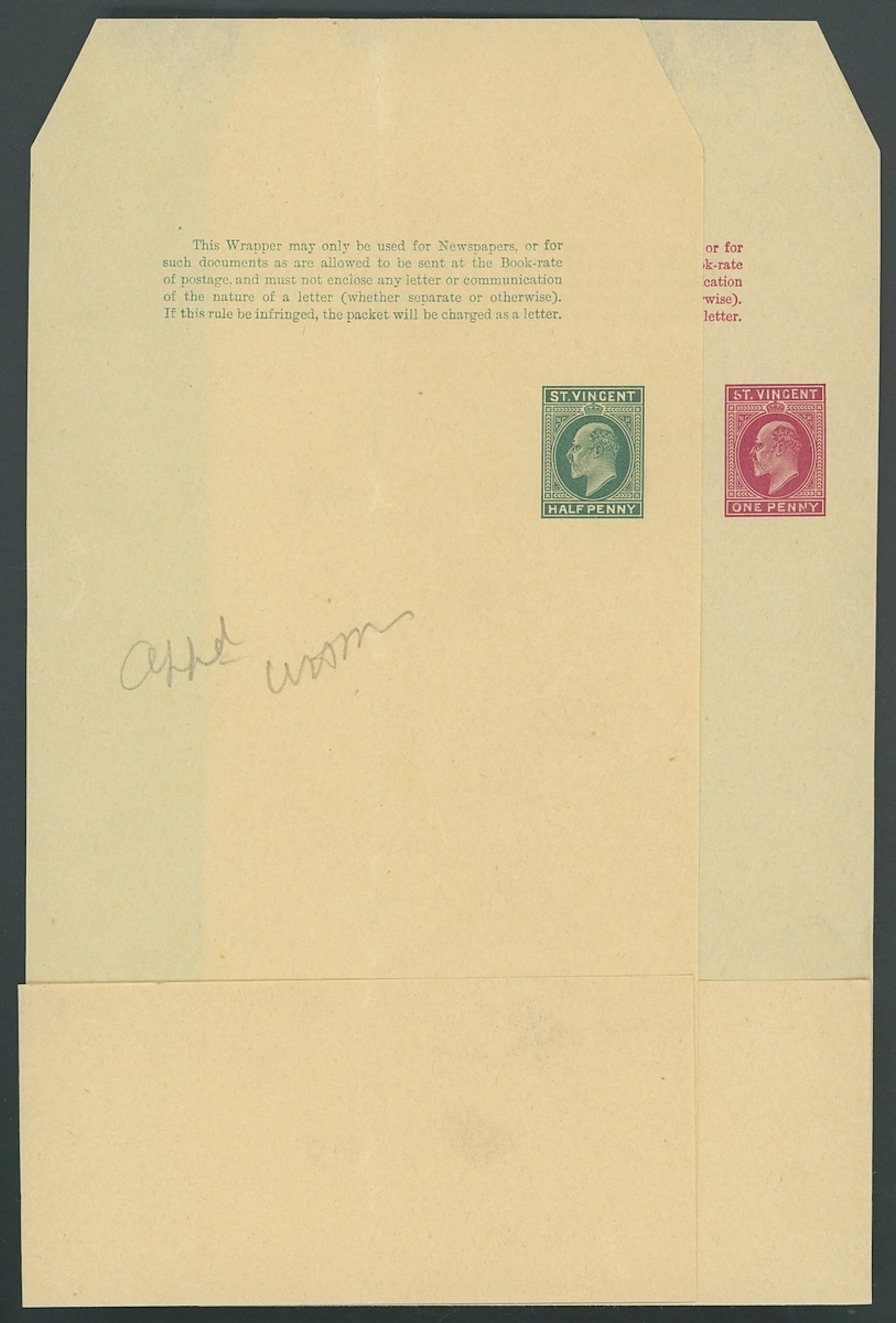 St. Vincent Postal Stationery Wrappers 1902 ½d. green and 1d. red